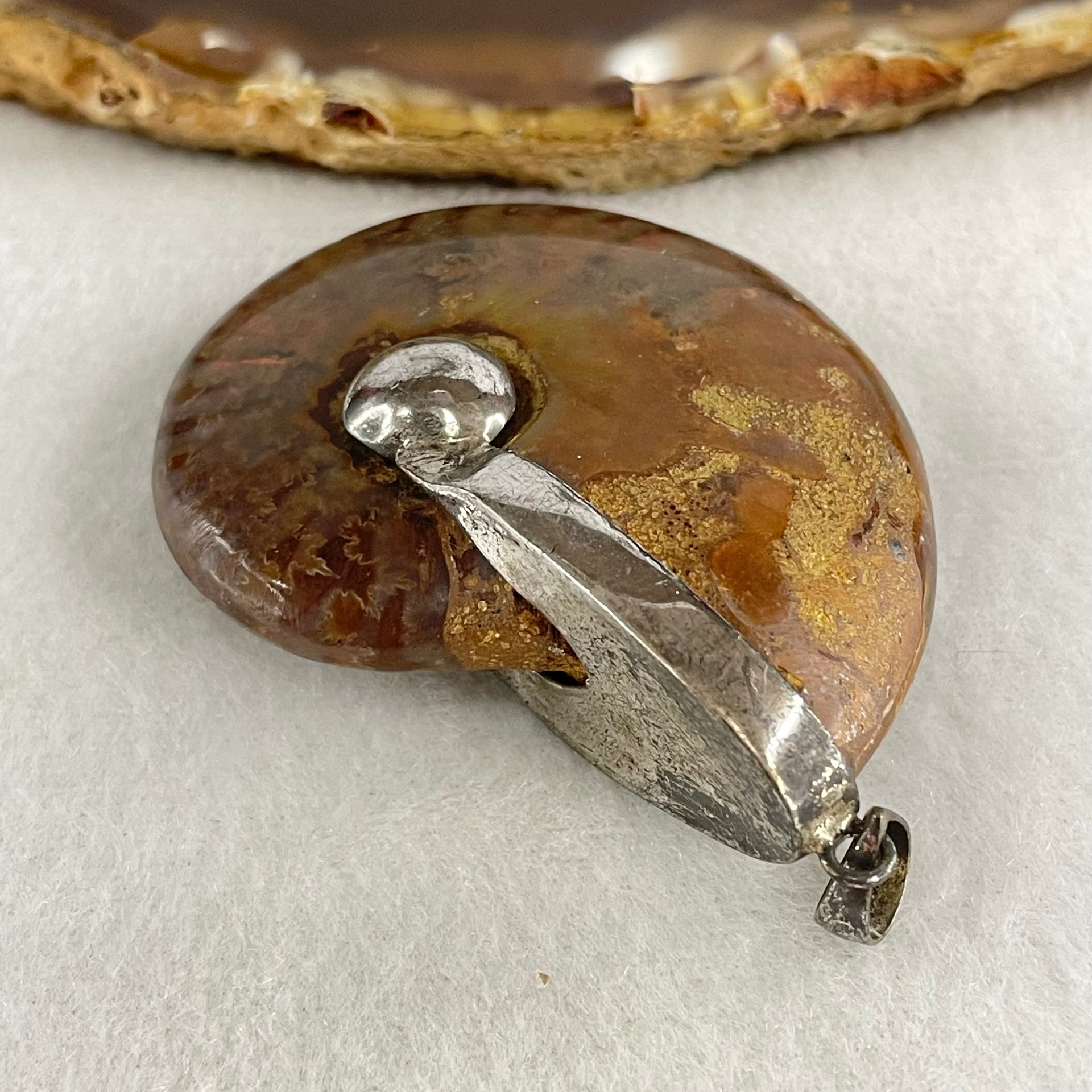 Natural Ammonite Fossil in Silver Pendant 32.29g 47.0 by 38.4 by 15.5mm - Huangs Jadeite and Jewelry Pte Ltd