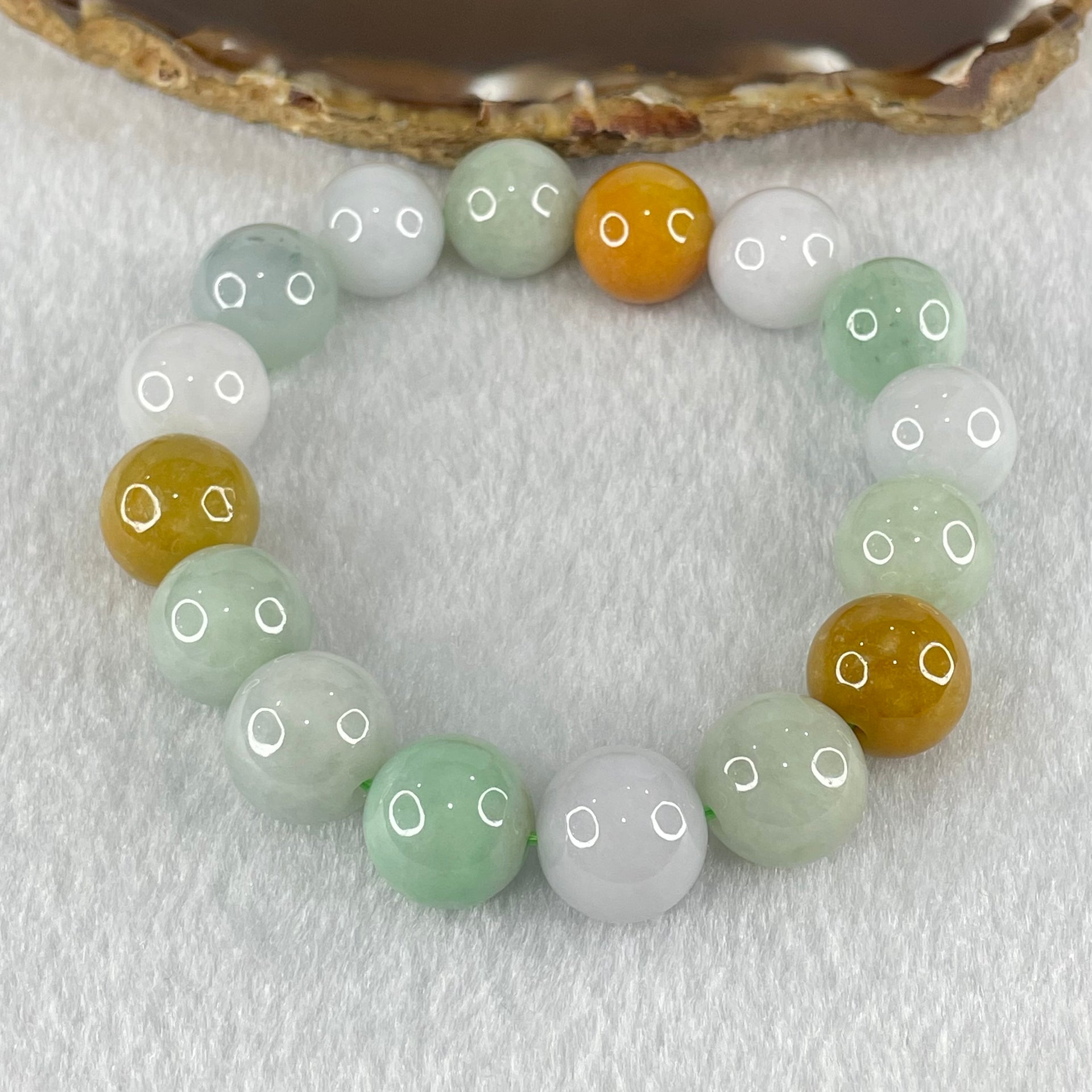Type A Light Green Faint Lavender and Yellow Jadeite Beads Bracelet 64.31g 18cm 13.5mm 16 Beads - Huangs Jadeite and Jewelry Pte Ltd
