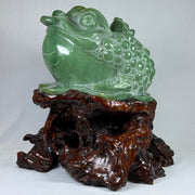 Natural Green Aventurine 3 Legged Toad with Baby Display with Wooden Stand 19.453,2g 320.0 by 300.0 by 345.0mm - Huangs Jadeite and Jewelry Pte Ltd