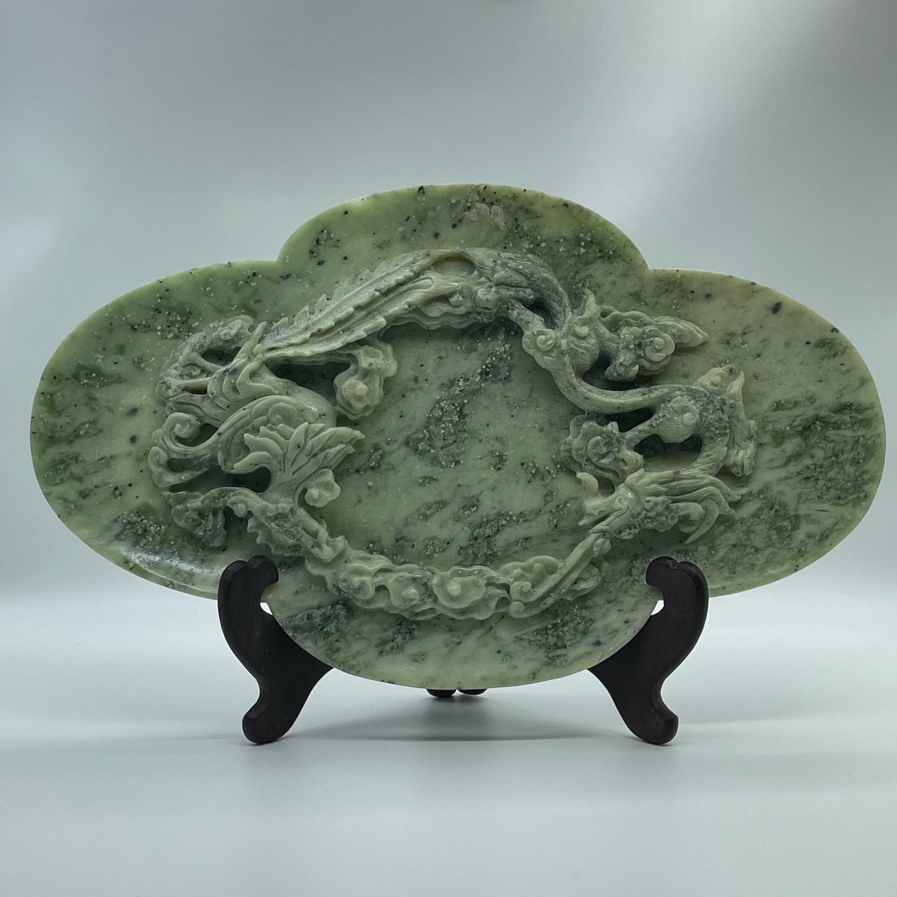 Natural Green with Light Green Serpentine Dragon and Phoenix on Plate with Wooden Stand Display 2,491.7g 394.0 by 108.0 by 254.0mm
