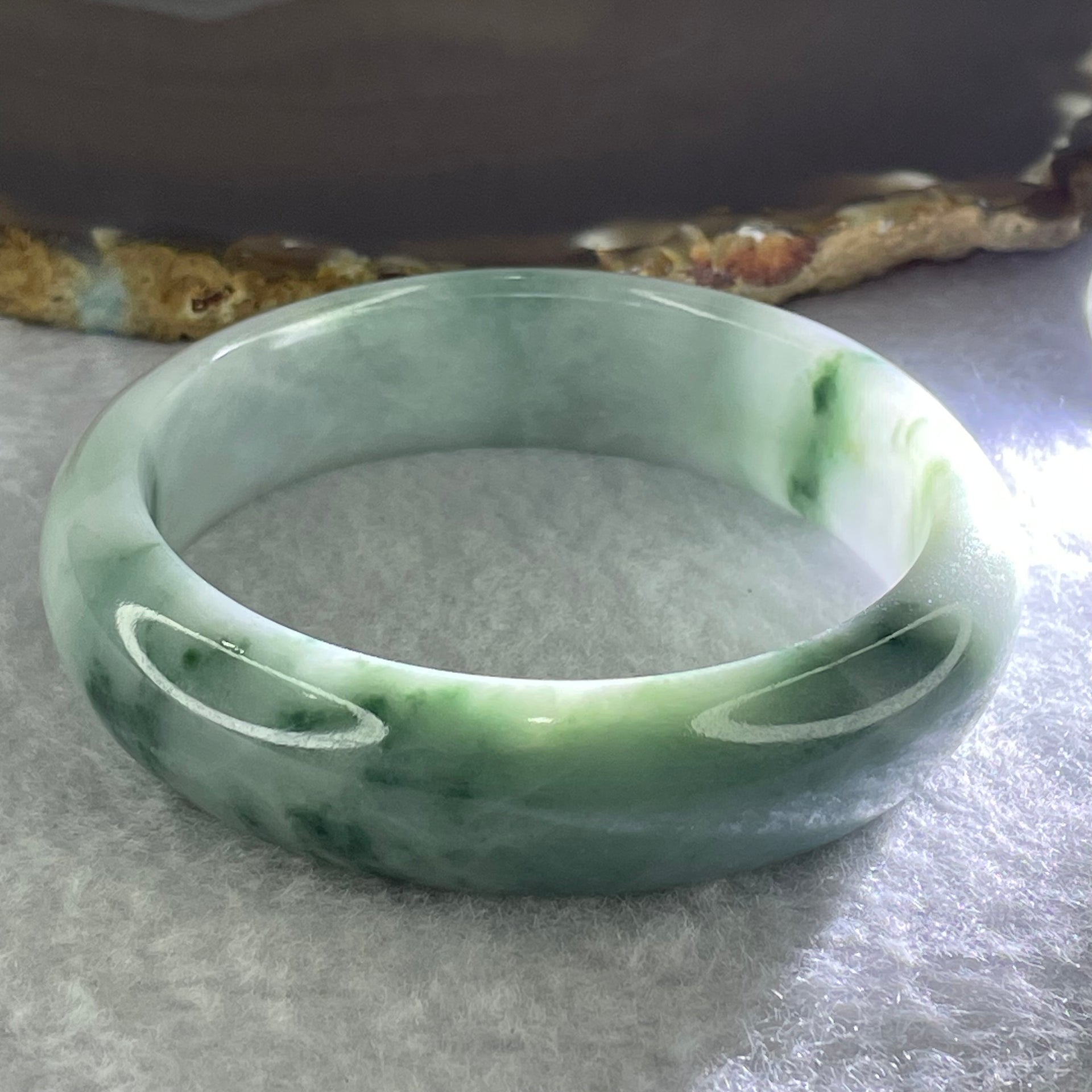 Type A Light Blueish Green Lavender with Moss Green Piao Hua Jadeite Bangle Internal Diameter 56.7mm 66.48g 16.7 by 8.7mm (Internal Lines) - Huangs Jadeite and Jewelry Pte Ltd