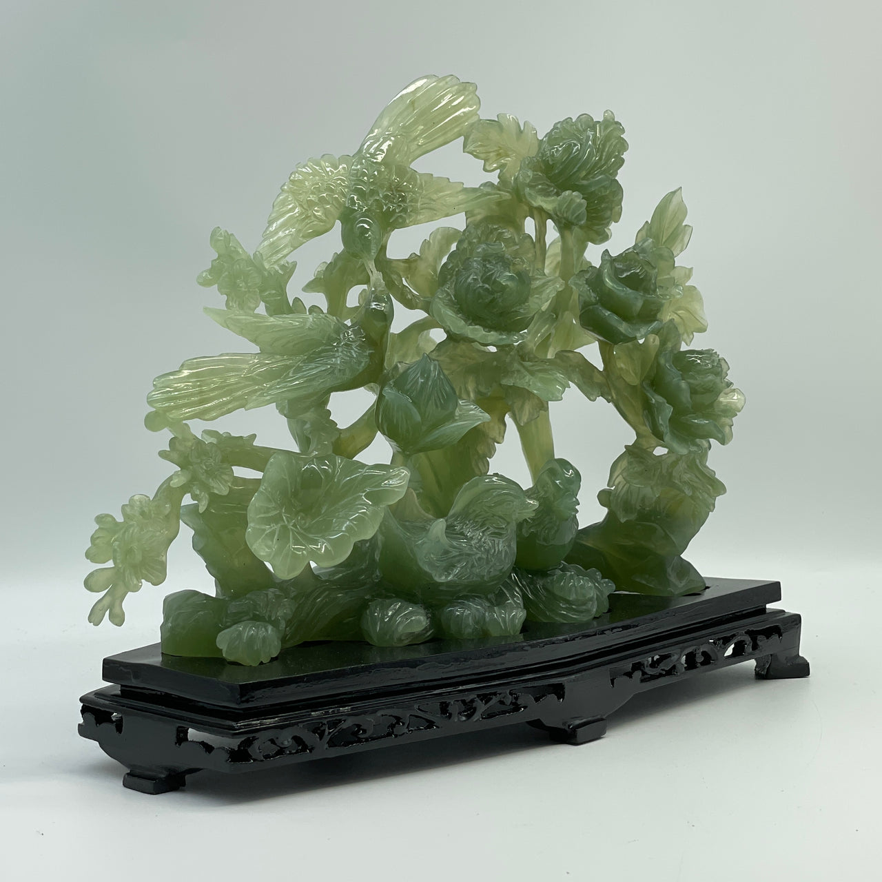 Natural Jelly Green Serpentine Double Birds with Twin Ducks on Flower Tree with Wooden Stand Display 1,705.0g 290.0 by 134.0 by 230.0mm