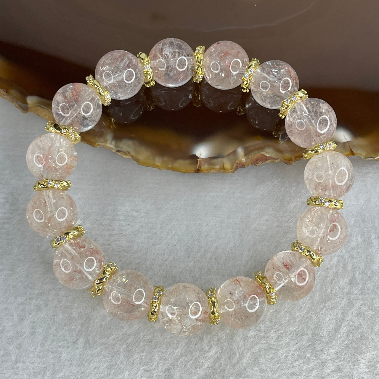 Natural Crystalline Clear Quartz Beads Bracelet | Gold Color Charm Accents | 15cm Tailored Strand | 15-Piece 11.3mm Premium "Glacial Ice" Amplification & Clarity Wrist Heirloom (36.78g)
