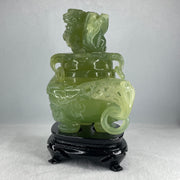 Natural Jelly Light Green Serpentine Pixiu Incense Burner with Wooden Stand Display 1,364.0 by 178.0 by 110.0 by 205.0mm - Huangs Jadeite and Jewelry Pte Ltd