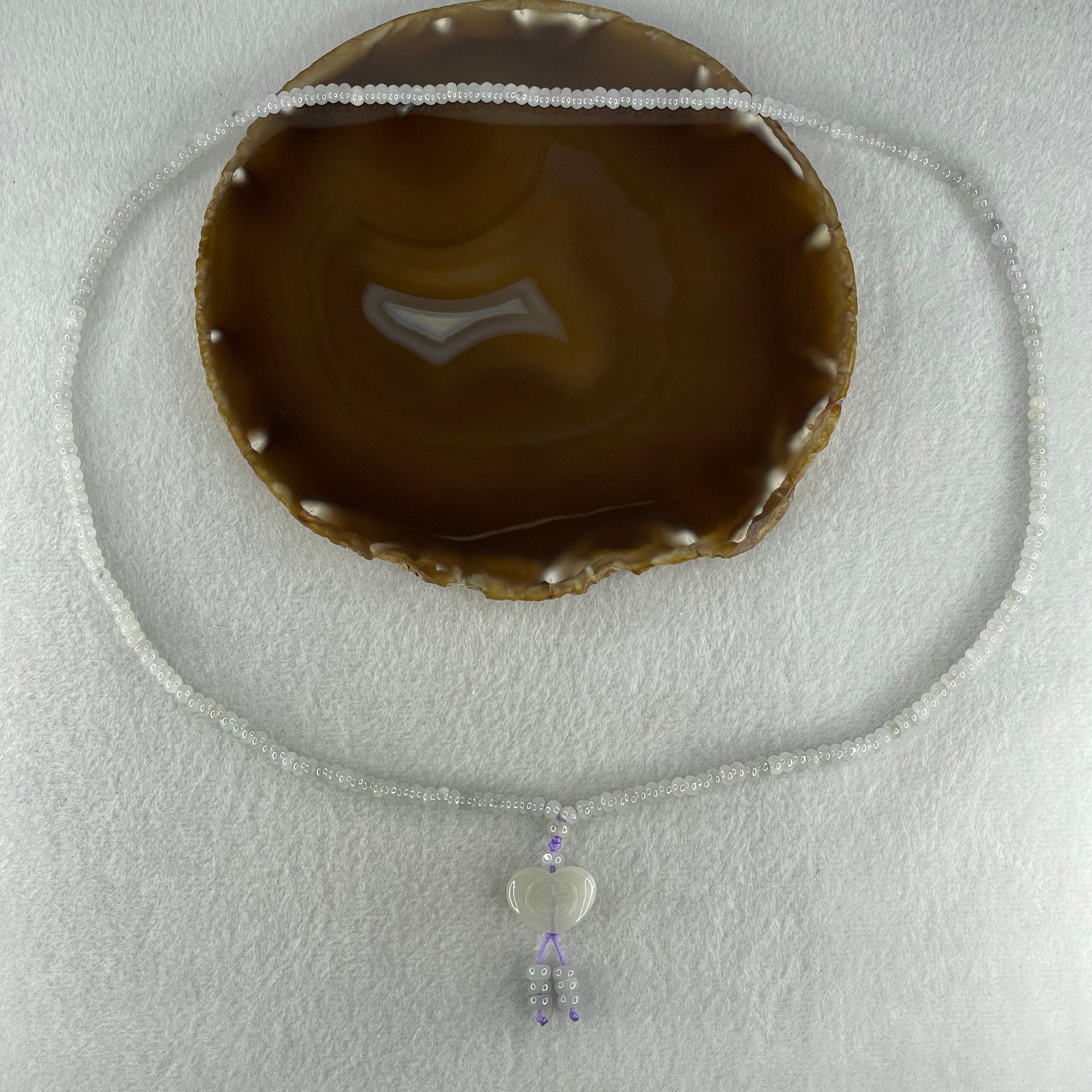 Natural Type A Semi Icy Sky Blue to White Jadeite Beads Necklace 36.93g 66cm 4.9mm 232 Beads Heart Pendant Charm 20.6 by 15.5 by 7.7mm - Huangs Jadeite and Jewelry Pte Ltd