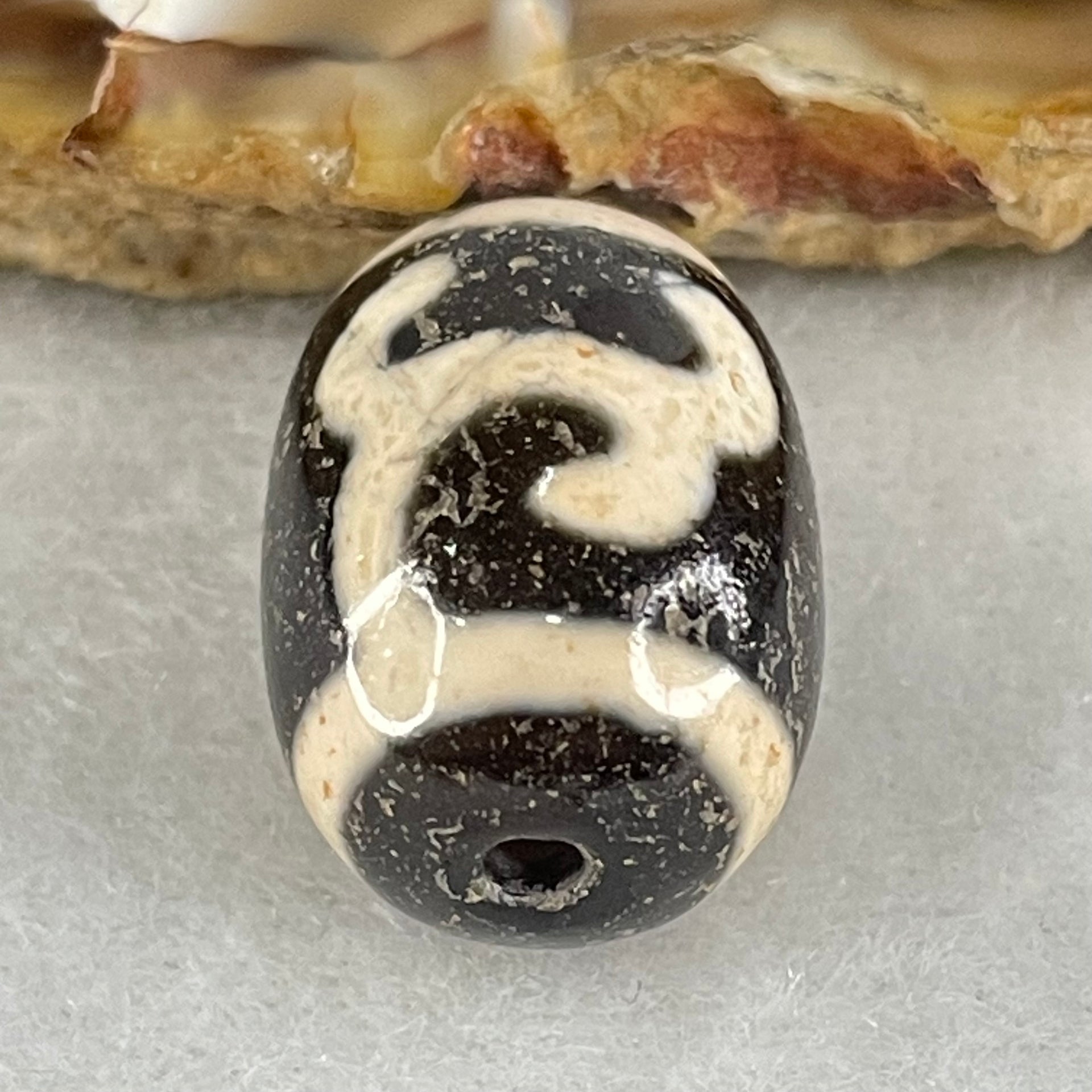 Natural Powerful Tibetan Old Oily Black White Agate Green Tara Dzi Bead Heavenly Master (Tian Zhu) 绿度母天珠 4.50g 17.7 by 12.9mm - Huangs Jadeite and Jewelry Pte Ltd