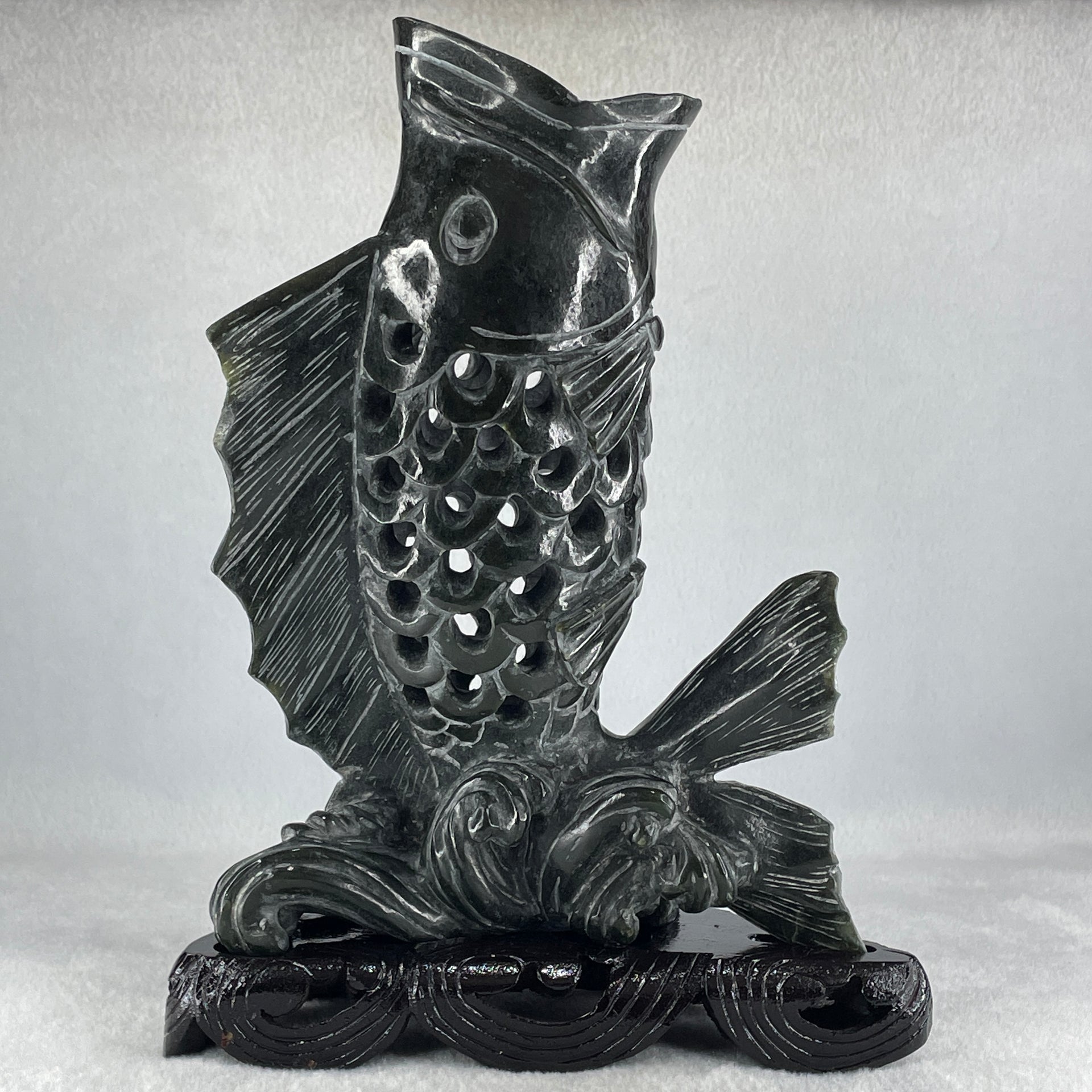 Natural Dark Green Serpentine Carp Fish with Wooden Stand Display 1,119.0g 175.0 by 100.0 by 240.0mm - Huangs Jadeite and Jewelry Pte Ltd