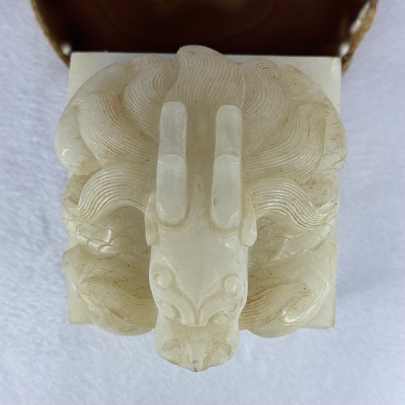 Antique Highly Translucent Near White with Slight Yellow and Grey Nephrite Dragon Seal 2,439.8g 103.5 by 103.7 by 118.2g with Old Zitan Box Total 3,202.8g 136.8 by 137.2 by 168.0mm - Huangs Jadeite and Jewelry Pte Ltd