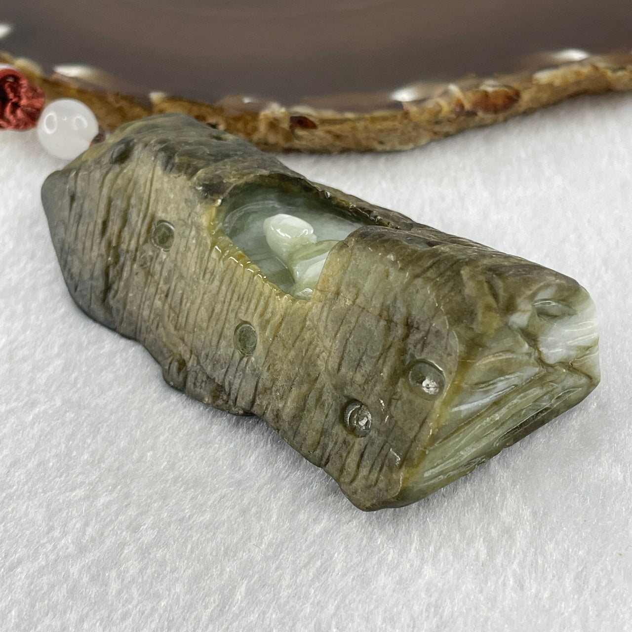 Natural Type A Brown with Light Blueish Green Jadeite Meditating Buddha Handplay 180.45g 92.9 by 50.2 by 28.0mm