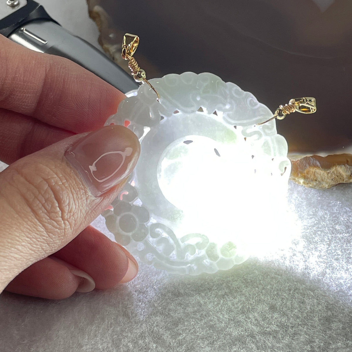 Natural Type A Green Jadeite Flower, Bat & Hulu Pendant in Intricate Hollow Carving | Blessing, Longevity & Good Fortune Talisman (19.17g | 47.4mm) - Huangs Jadeite and Jewelry Pte Ltd