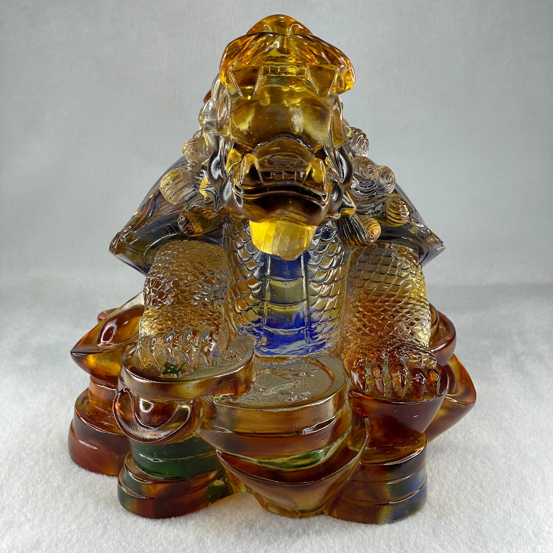Liuli Orange Blue Dragon Turtle with Baby Turtle on Treasures Display 9,428.2g 270.0 by 185.0 by 210.0mm - Huangs Jadeite and Jewelry Pte Ltd