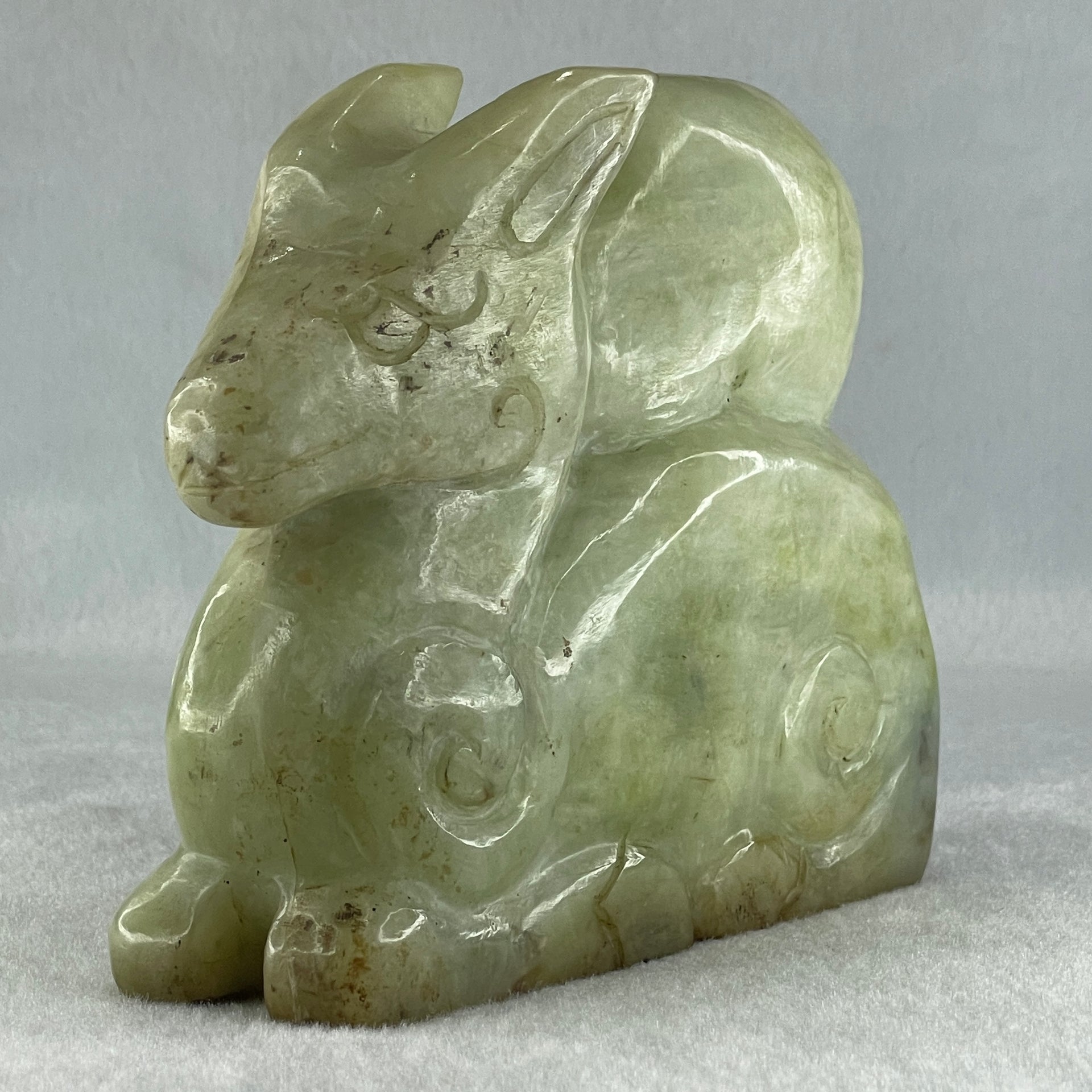 Natural Green Serpentine Deer with Longevity Peach Display 1,043.6g 135.0 by 43.0 by 115.0mm - Huangs Jadeite and Jewelry Pte Ltd