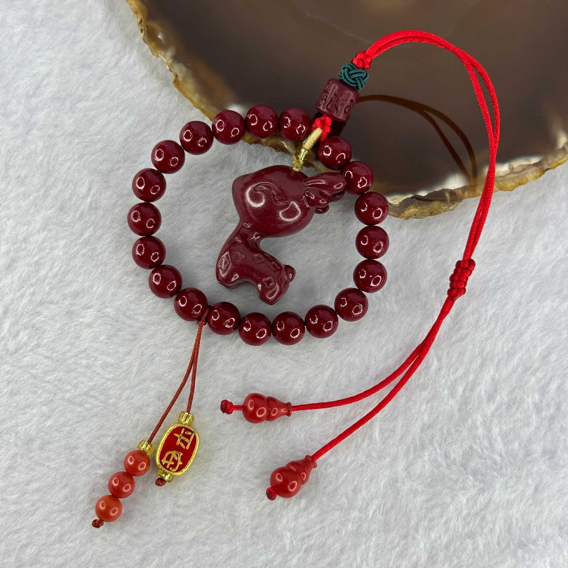 Natural Red Cinnabar Beads with 3D Baby Deer Pendent and Hulu Pair Charm 49.10g 8.3mm 20 Beads 35.2 by 28.9 by 18.7mm - Huangs Jadeite and Jewelry Pte Ltd