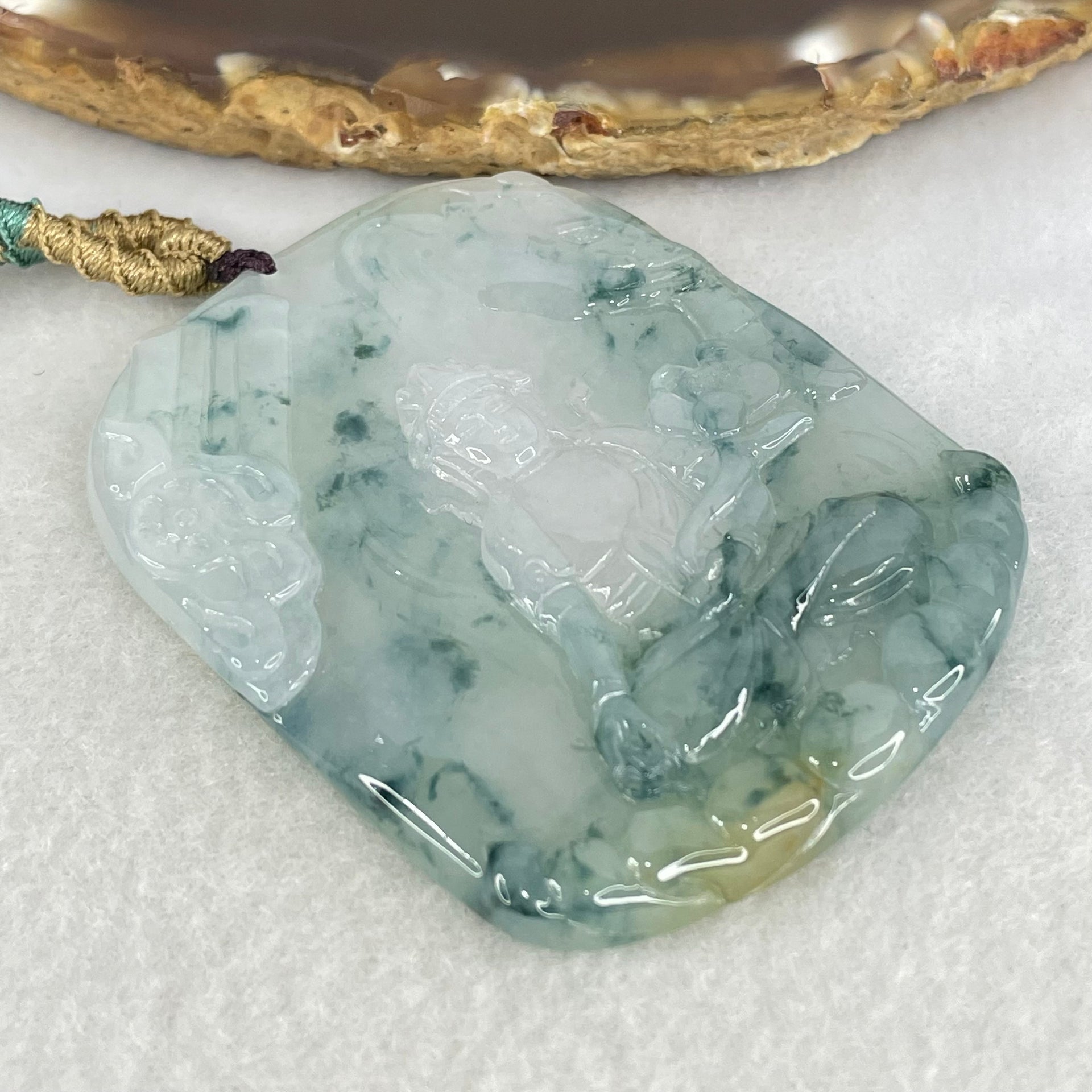 Type A Semi Icy Green with Lavender and Yellow and Blueish Green Piao Hua Jadeite Pendant 32.98g 59 by 46 by 5mm - Huangs Jadeite and Jewelry Pte Ltd