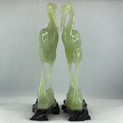 Natural Light Green Serpentine Pair of Cranes Bird with Wooden Stand Display 1,231.1g Each about 135.0 by 60.0 by 240.0mm - Huangs Jadeite and Jewelry Pte Ltd