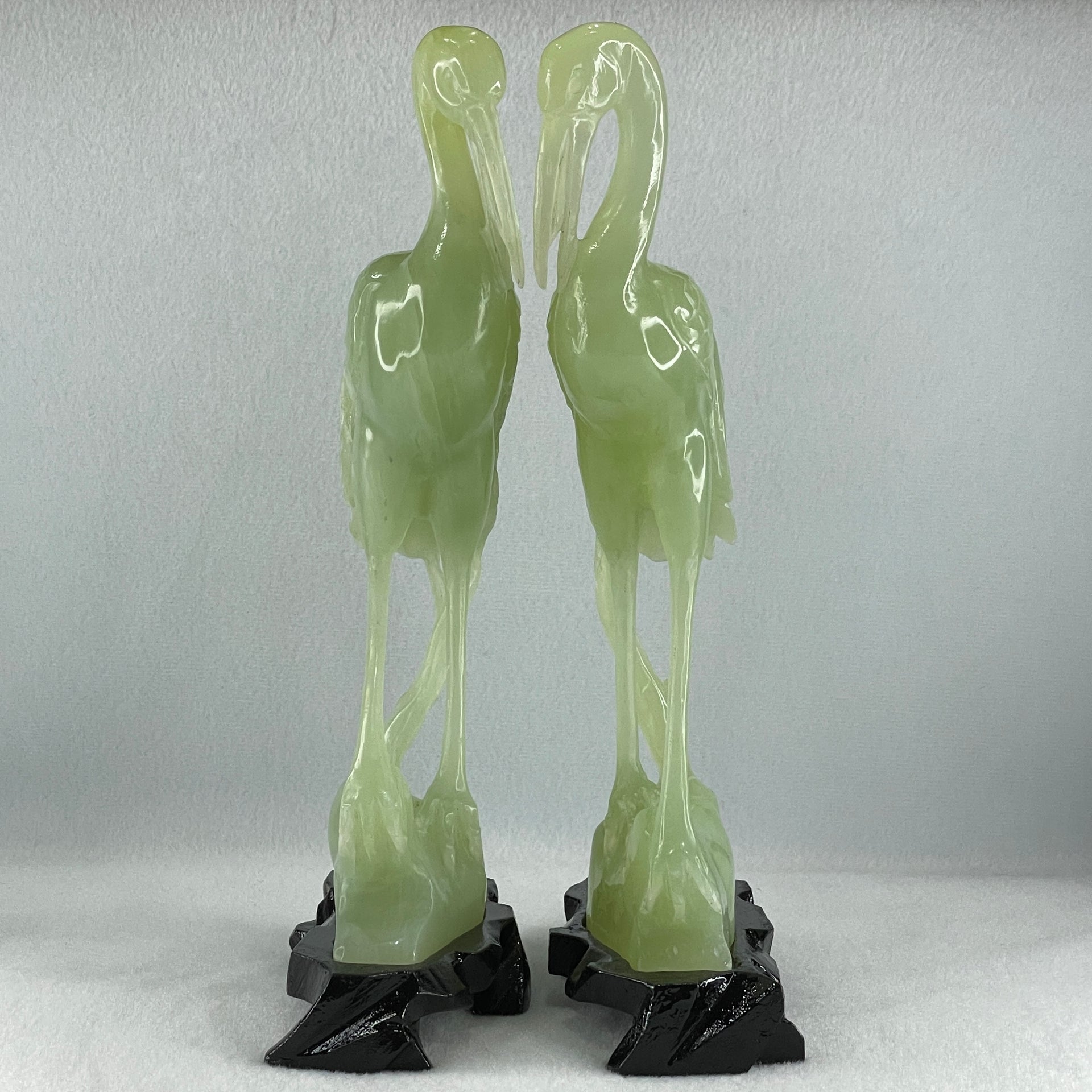 Natural Light Green Serpentine Pair of Cranes Bird with Wooden Stand Display 1,231.1g Each about 135.0 by 60.0 by 240.0mm - Huangs Jadeite and Jewelry Pte Ltd