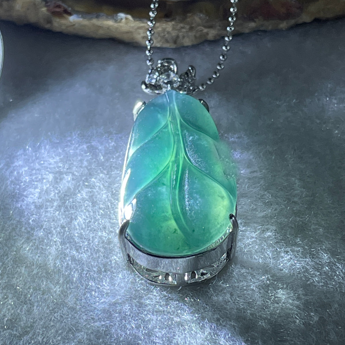 Natural Type A Blueish Green Jadeite Leaf Necklace in S925 Silver | (9.64g | 44cm S925 | 29.8 x 16.5 x 3.5mm | Career Success & Growth Anchor, Feng Shui Prosperity & Executive Charm Necklace) - Huangs Jadeite and Jewelry Pte Ltd