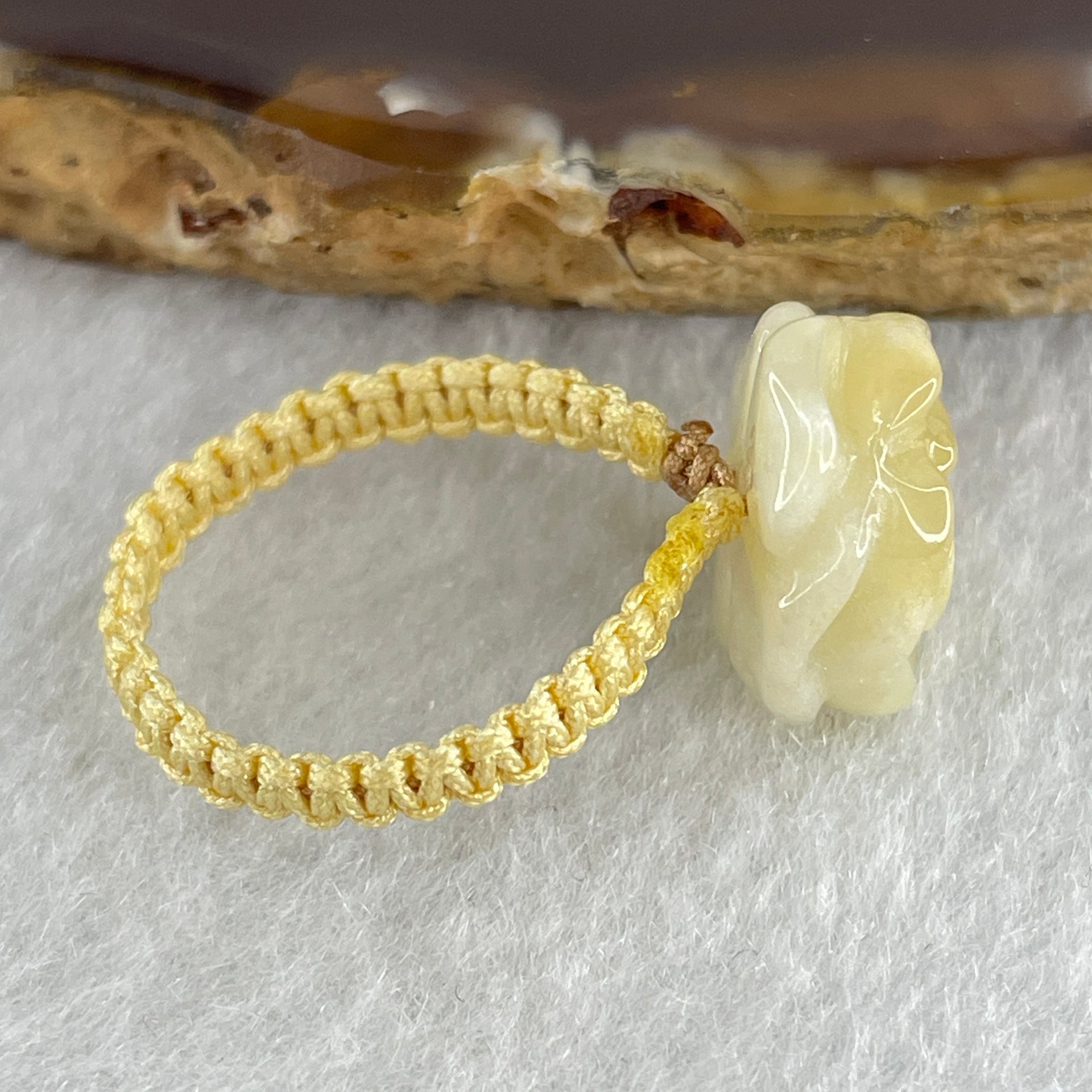 Natural Type A Light Yellow Jadeite Flower String Elastic Ring 2.75g 13.7 by 14.2 by 7.7mm US 7 HK 16.5 - Huangs Jadeite and Jewelry Pte Ltd