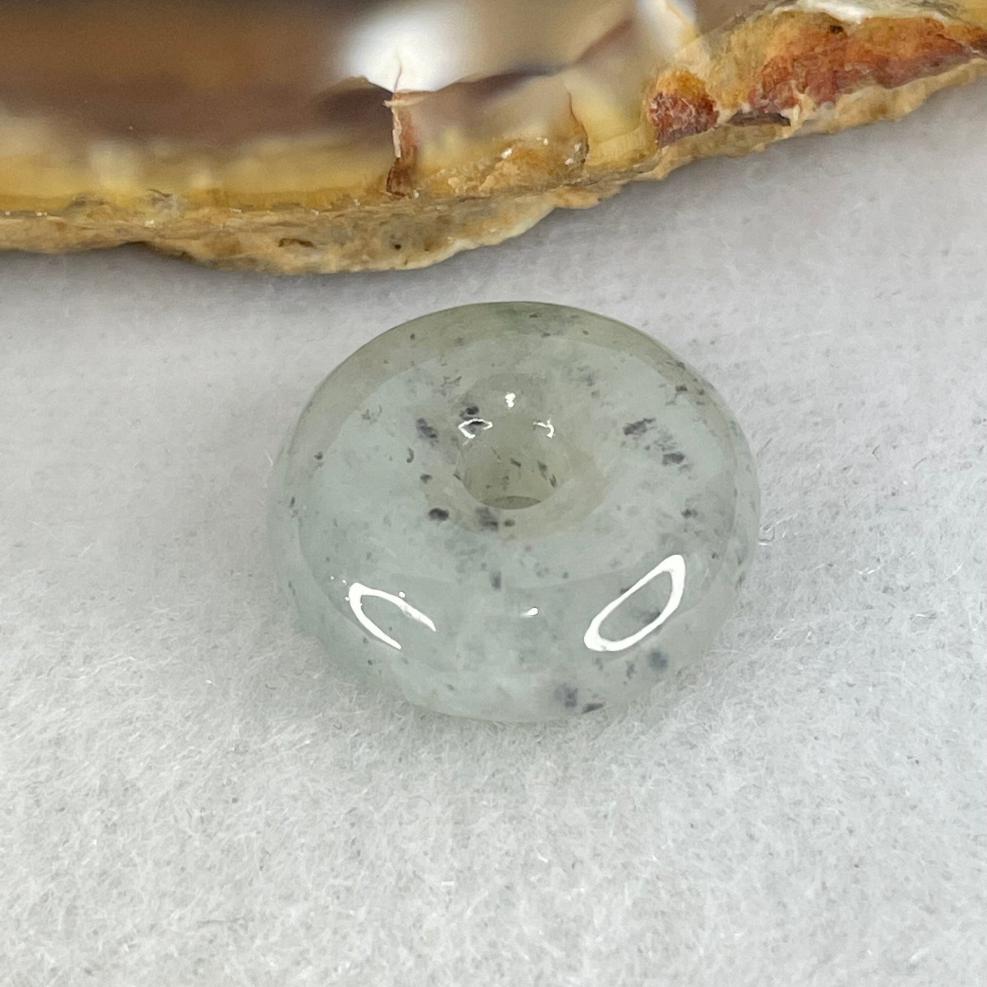 Type A Semi Icy Light Green With Wuji Grey Spots Jadeite Ping An Kou Donut Pendant 3.23g 16.1 by 6.2mm - Huangs Jadeite and Jewelry Pte Ltd