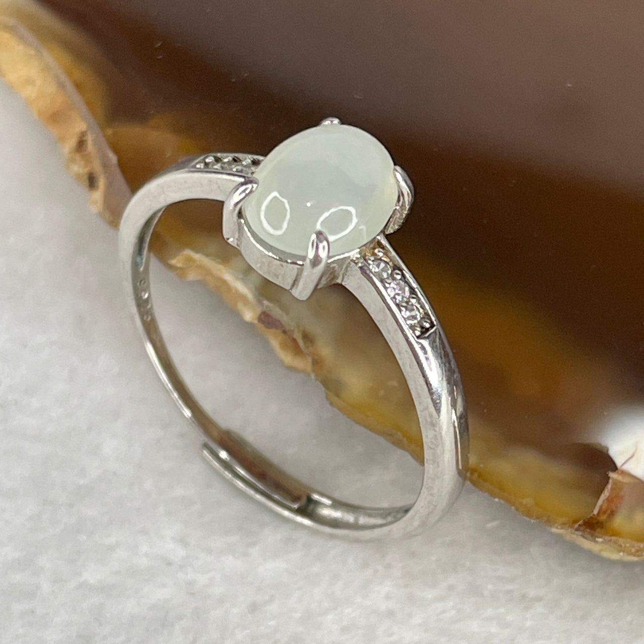 Type A Icy Pure White Jadeite Cabochon Ring | Liquid-Glass Translucent Cushion Orb | Solid S925 Sterling Silver Setting | Smart Adjustable Sizing (1.84g 7.8x6.0x3.0mm)