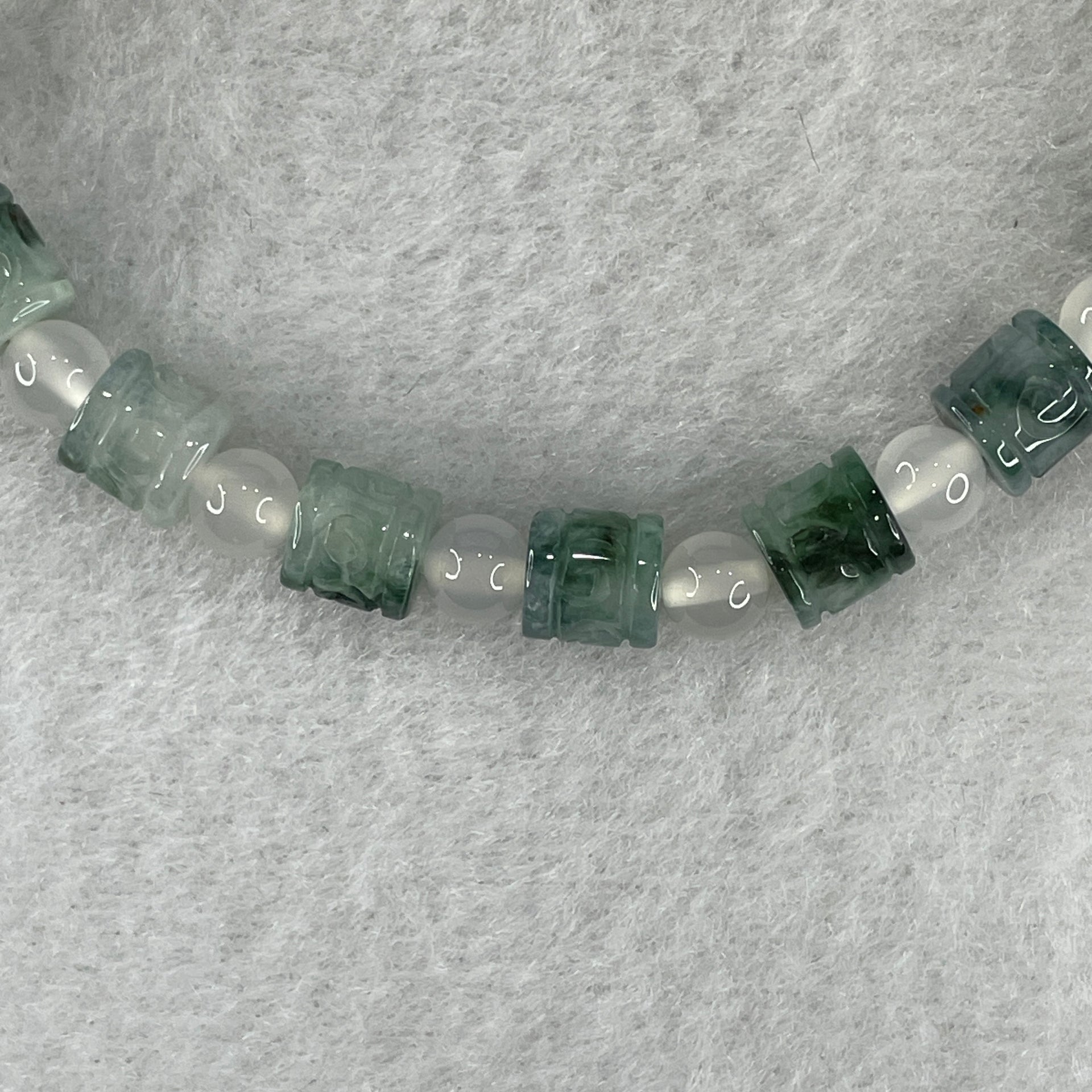 Certified Natural Type A Light Green Jadeite Lulutong Beads with Natural White Agate Beads Bracelet 13.91g 15.5cm 6.1mm 16 Pieces - Huangs Jadeite and Jewelry Pte Ltd
