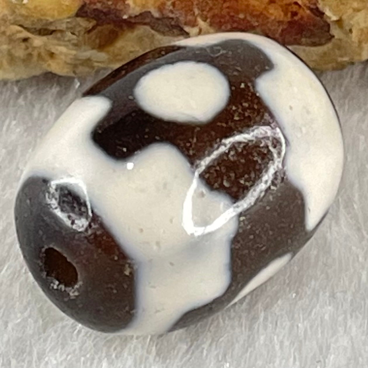Natural Powerful Tibetan Old Oily Dark Brown With White Agate 3 Eyes Dzi Bead Heavenly Master (Tian Zhu) 三眼天诛 4.41g 17.4 by 12.8mm - Huangs Jadeite and Jewelry Pte Ltd