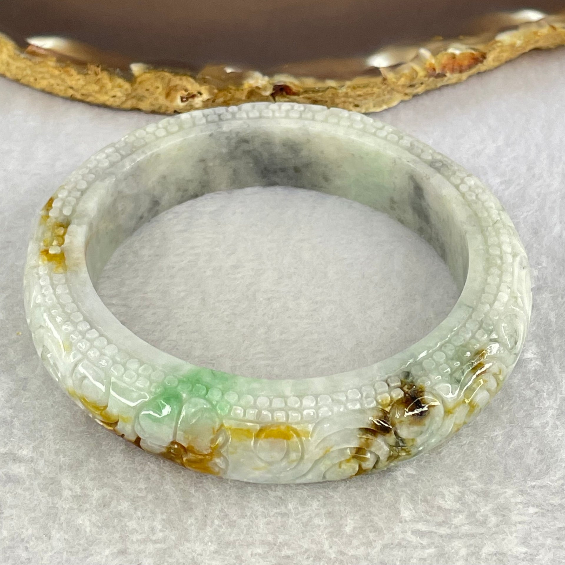 Type A Green Lavender with Brown Yellow Patches Jadeite Carved Ruyi Bangle Internal Diameter 56.3mm 76.21g 13.8 by 10.5mm (Internal Lines) - Huangs Jadeite and Jewelry Pte Ltd