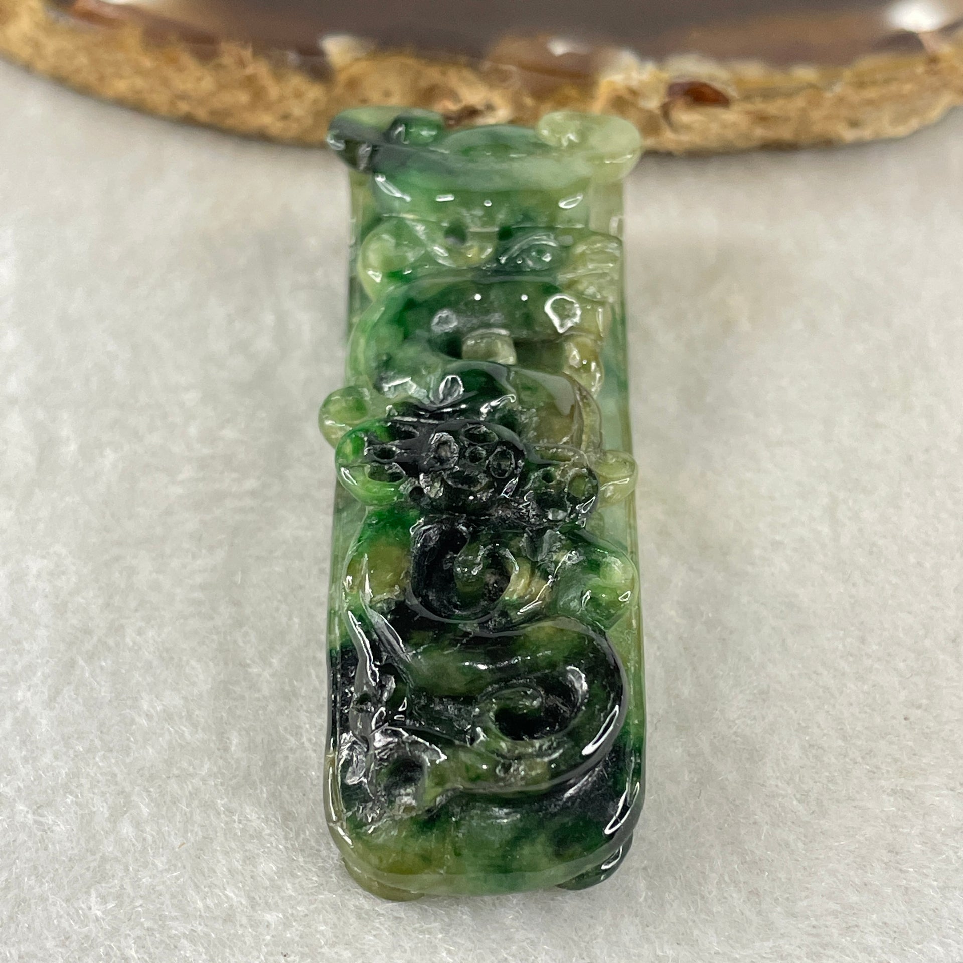 Antique Natural Type A Old Mine Spicy Green with Dark Green Patches Jadeite Dragon Coins with Ruyi Pendant 26.94g 57.8 by 21.2 by 14.7mm - Huangs Jadeite and Jewelry Pte Ltd