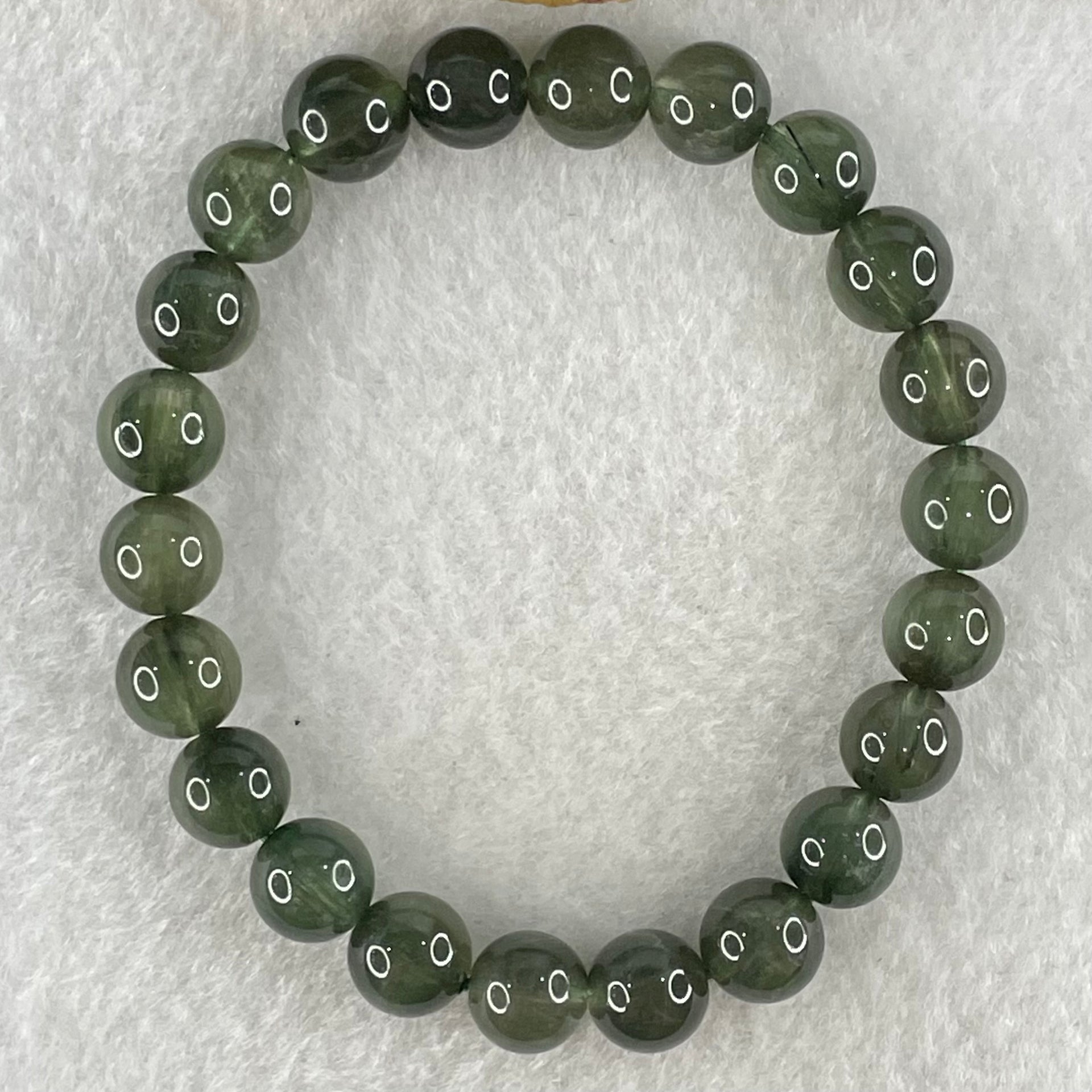 Good Grade Natural Green Cats Eye Rutilated Beads Bracelet 19.58g 15.5cm 8.8mm 22 Beads - Huangs Jadeite and Jewelry Pte Ltd