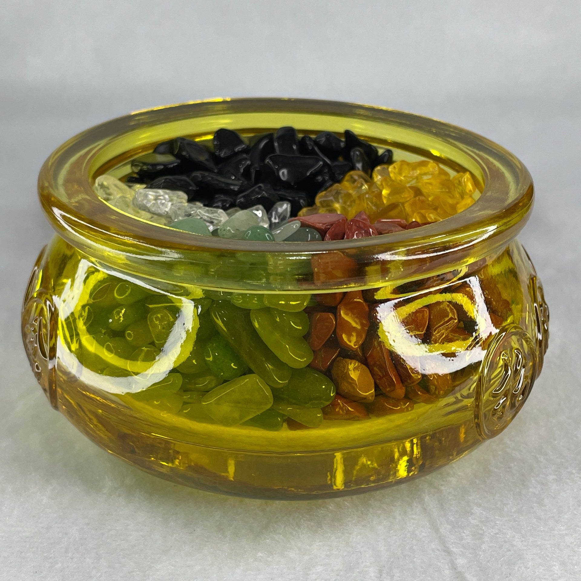Yellow Liuli Wealth Pot with Five Element Crystal Fragment (Clear Quartz, Black Obsidian, Red Jasper, Citrine, Serpentine) with Wooden Stand Display Total Weight 1,03.48g 118.3 by 62.5mm - Huangs Jadeite and Jewelry Pte Ltd