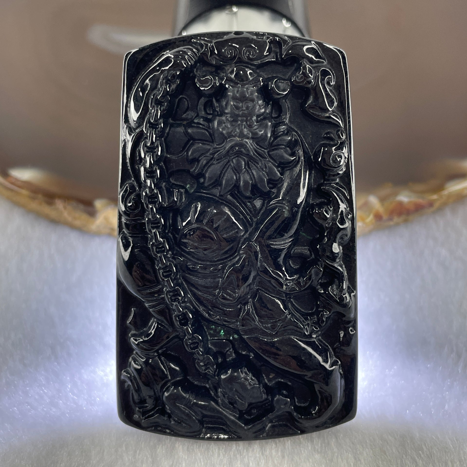 Type A Opaque to Partial Translucent Black Omphacite Jadeite Zhong Kui Pendant 27.73g 61.3 by 37.4 by 8.9mm - Huangs Jadeite and Jewelry Pte Ltd