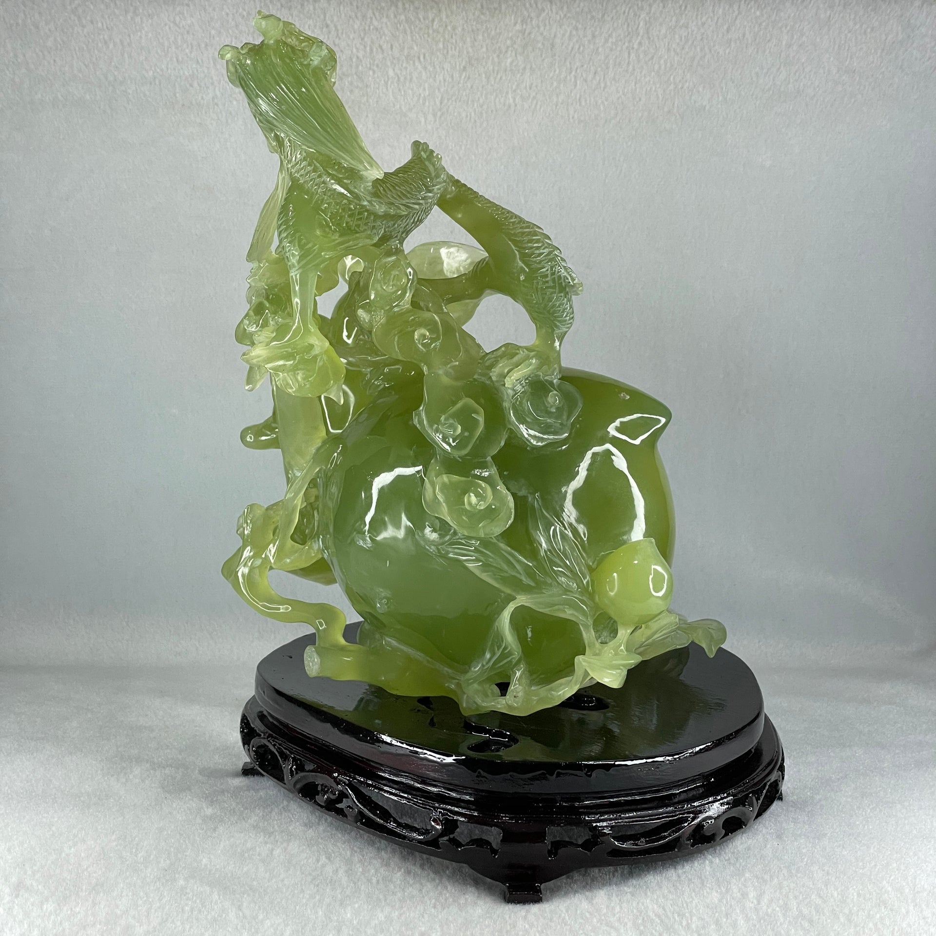 Natural Green Serpentine Dragon with Shou Xing Gong and Tong Zi with Wooden Stand Display 2610.6g 200.0 by 175.0 by 215.0mm - Huangs Jadeite and Jewelry Pte Ltd