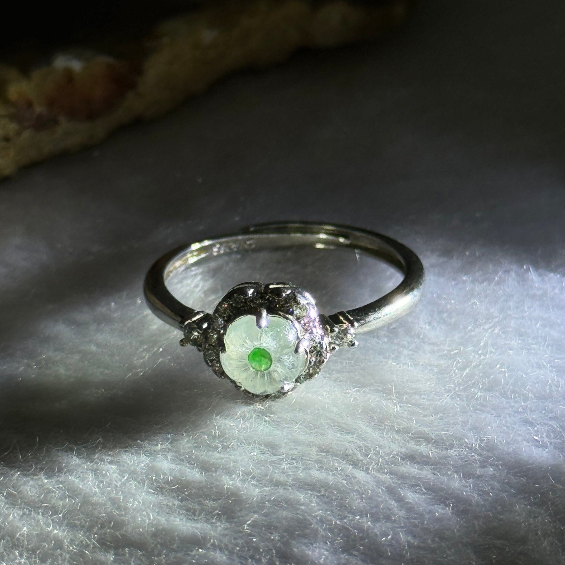 Type A Icy Light Green Jadeite Flower with Crystals in S925 Sliver Ring (Adjustable Size) 1.90g 6.0 by 2.5mm - Huangs Jadeite and Jewelry Pte Ltd