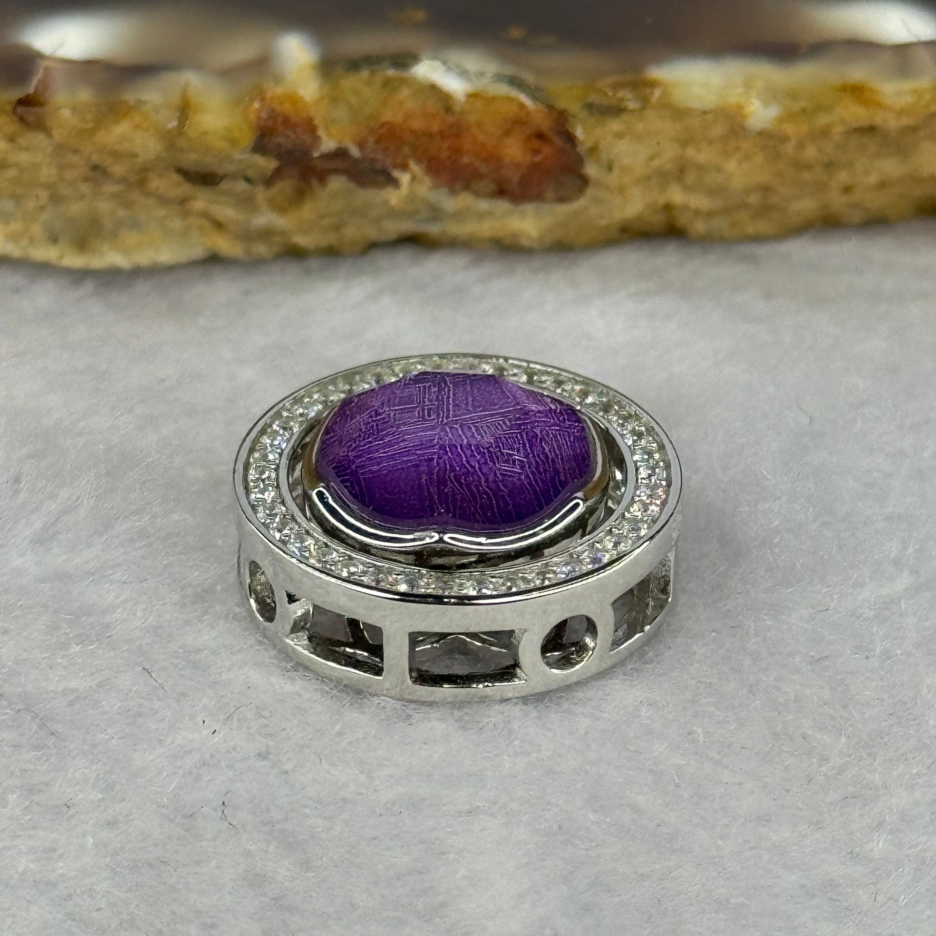 Natural Meteorite Spinning High Energy Feng Shui Charm in S925 Silver with Crystals For Necklace / Bracelet (Purple Color) 4.10g 16.8 by 7.6mm - Huangs Jadeite and Jewelry Pte Ltd