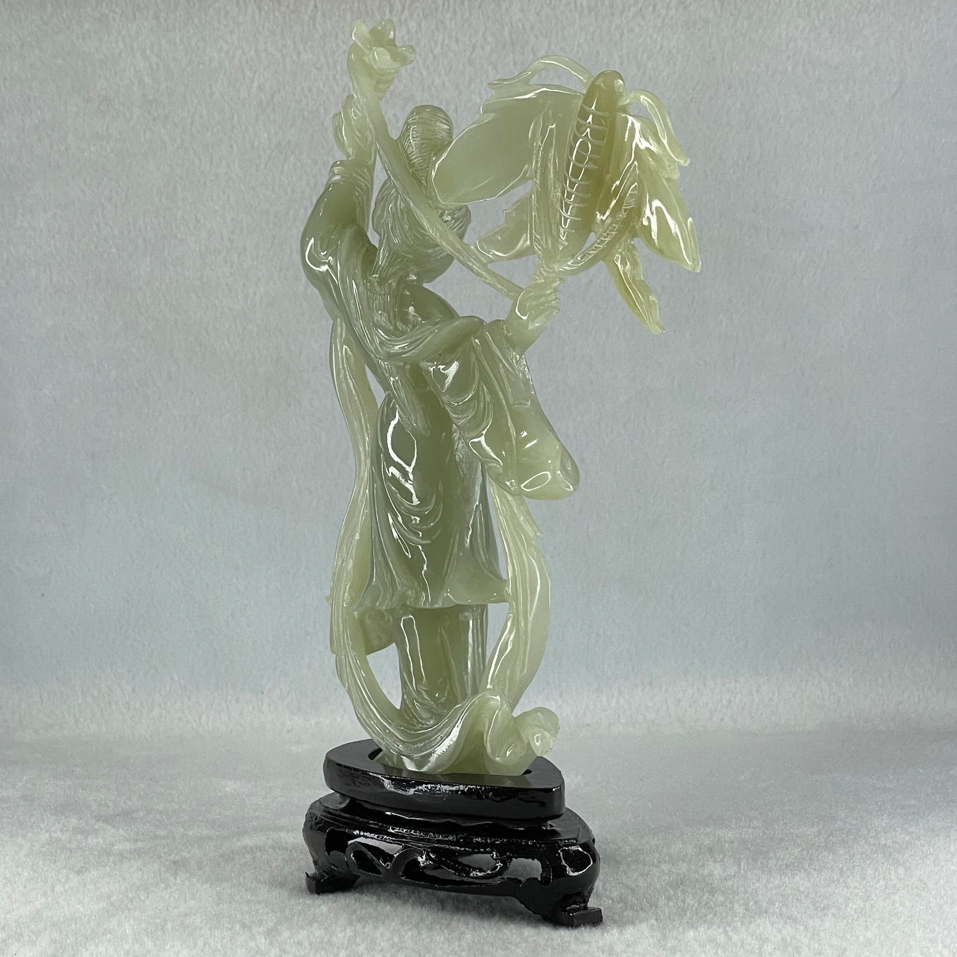 Natural Green Serpentine Fairy with Butterfly with Wooden Stand Display 336.9g 132.0 by 201.0 by 68.0mm - Huangs Jadeite and Jewelry Pte Ltd