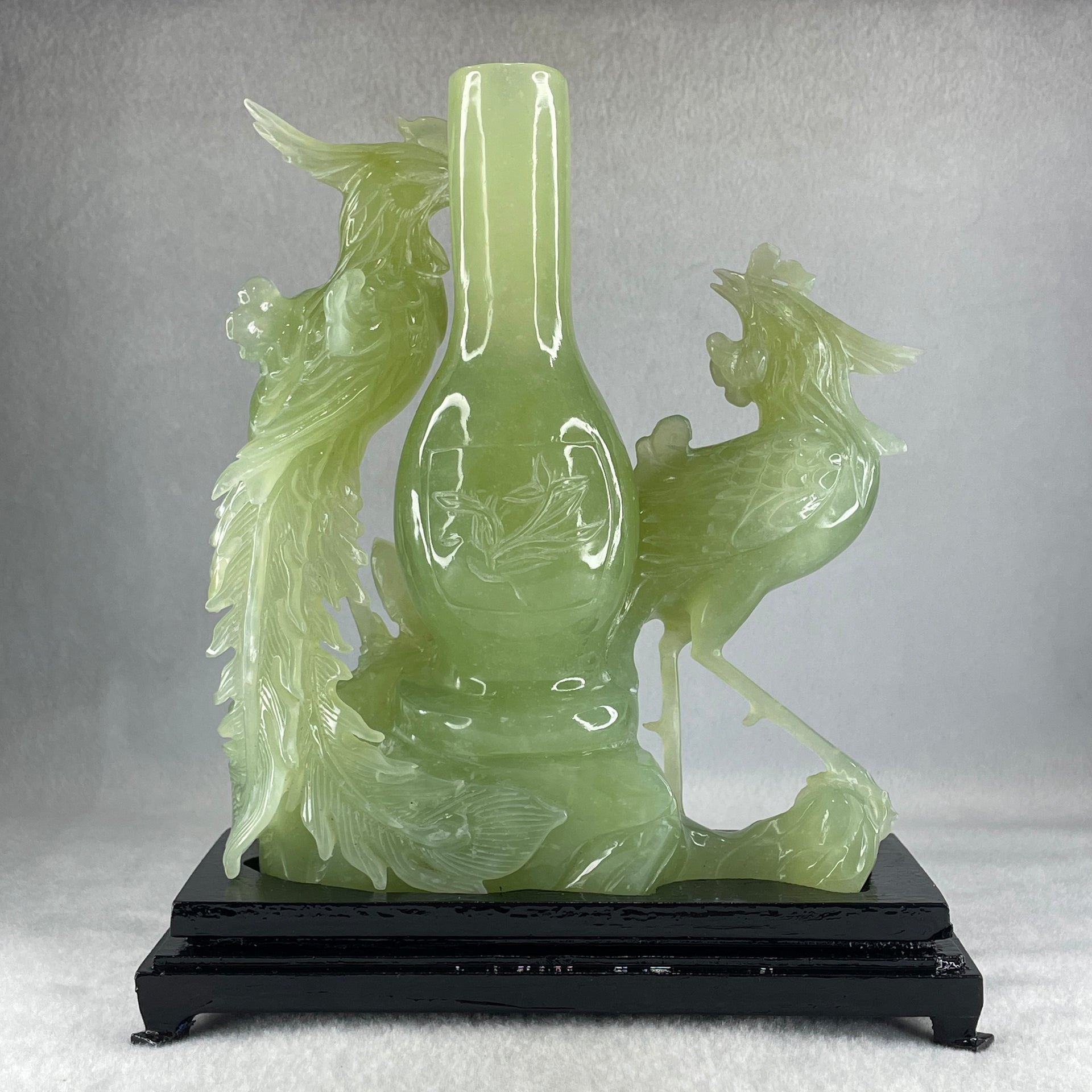Natural Green Serpentine Double Phoenix on Tree and Vase with Wooden Stand Display 1,377.4g 180.0 by 210.0 by 86.0mm - Huangs Jadeite and Jewelry Pte Ltd
