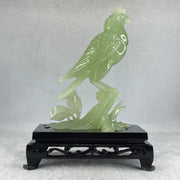 Natural Green Serpentine Javan Mynah Birds on Tree with Wooden Stand Display 430.6g 137.0 by 190.0 by 75.0mm - Huangs Jadeite and Jewelry Pte Ltd