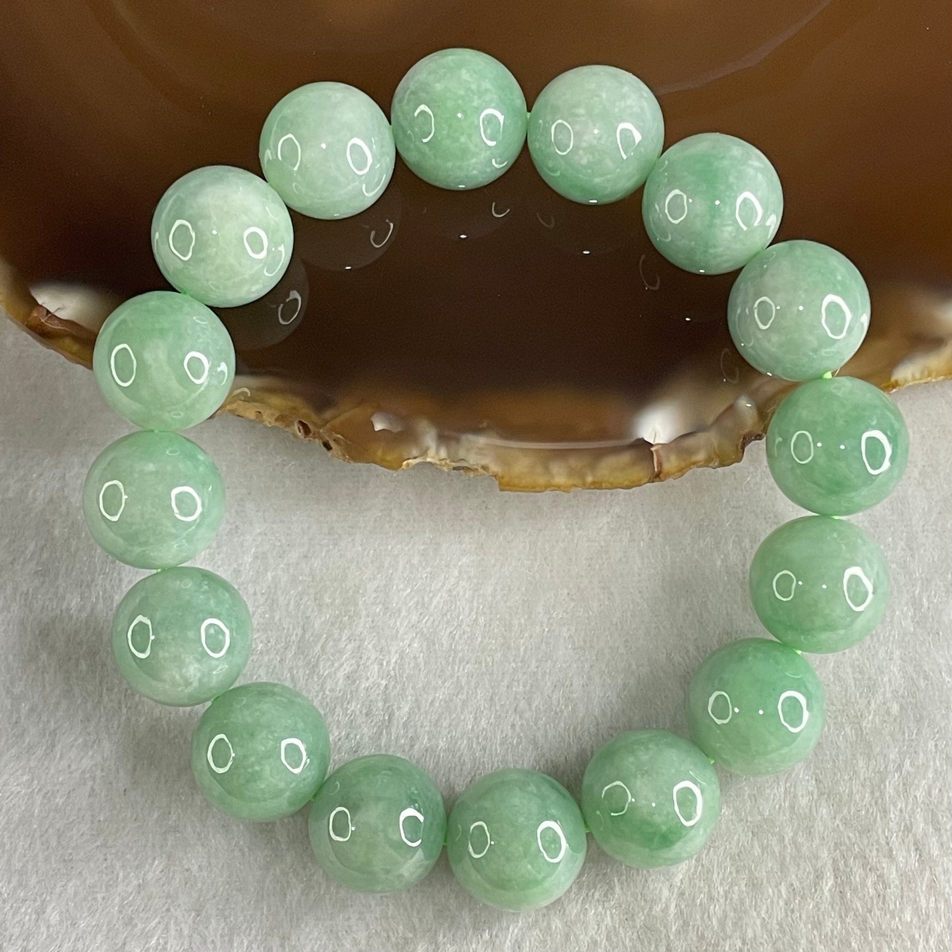 Type A Green Jadeite Beads Bracelet 60.56g 16.5cm 13.1mm 16 Beads - Huangs Jadeite and Jewelry Pte Ltd