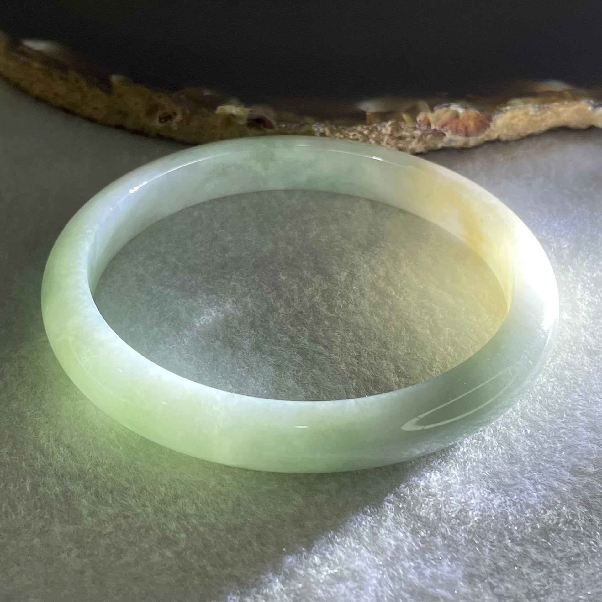 Type A Light Green with Brown Patches Jadeite Bangle 34.69g Inner Diameter 59.7mm 9.3 by 6.9mm (Very Slight Internal Lines) - Huangs Jadeite and Jewelry Pte Ltd