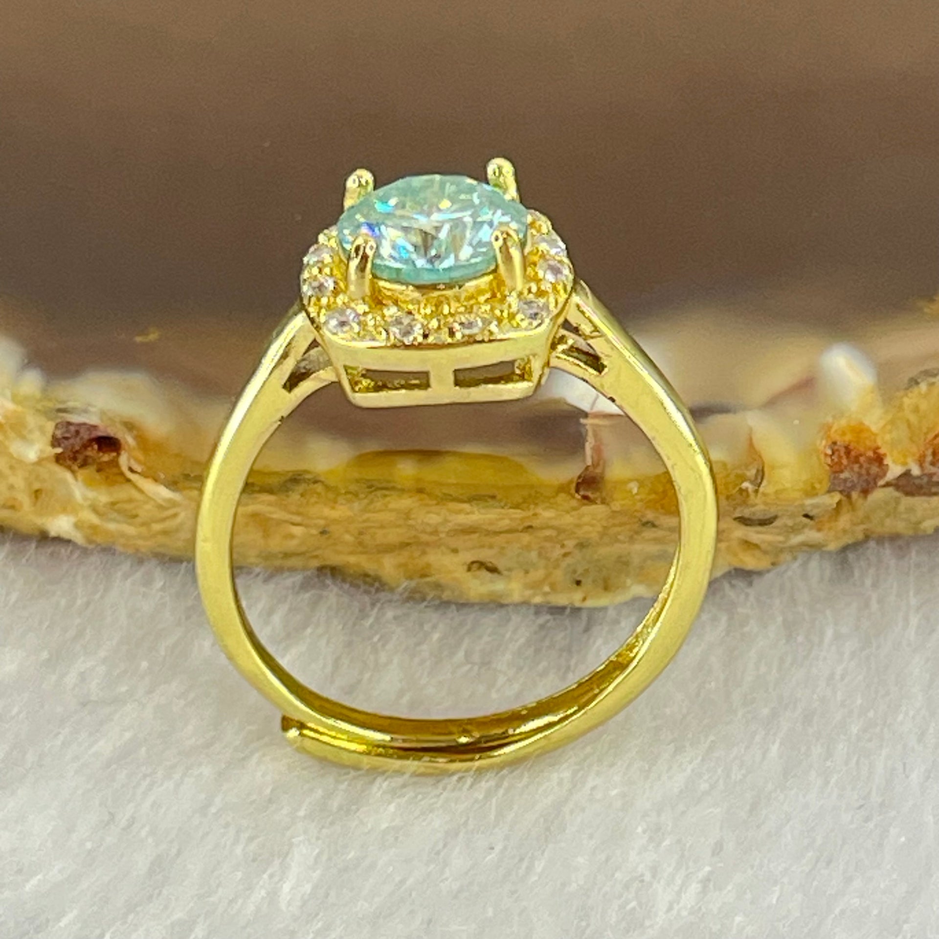 Green and Colourless Cubic Zirconia with Crystals in S925 Sliver Gold Color Ring (Adjustable Size) 1.91g 6.5 by 3.2mm - Huangs Jadeite and Jewelry Pte Ltd