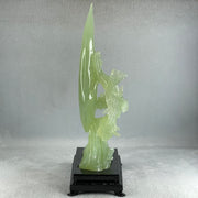 Natural Green Serpentine Twin Cranes on Mountain and Moon with Wooden Stand Display 804.7g H147.0 by B100.0 by H226.0mm - Huangs Jadeite and Jewelry Pte Ltd