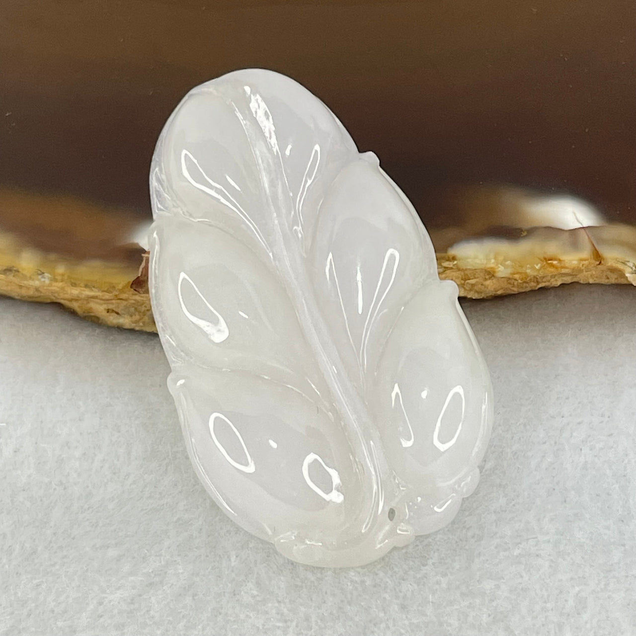 Type A White Jadeite Leaf Pendant 9.78g 40.5 by 23.9 by 6.3mm - Huangs Jadeite and Jewelry Pte Ltd