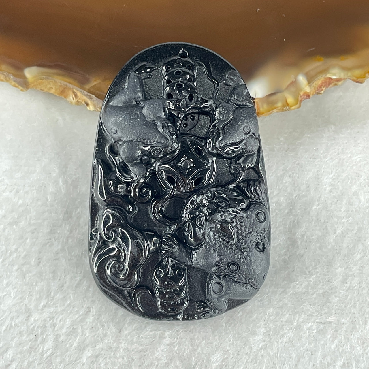 Certified Natural Type A Black Omphacite Jadeite Jadeite Triple 3 Legged Toad Chan Chu with Coins and Ruyi Pendant 17.95g 50.5 by 33.2 by 8.5mm