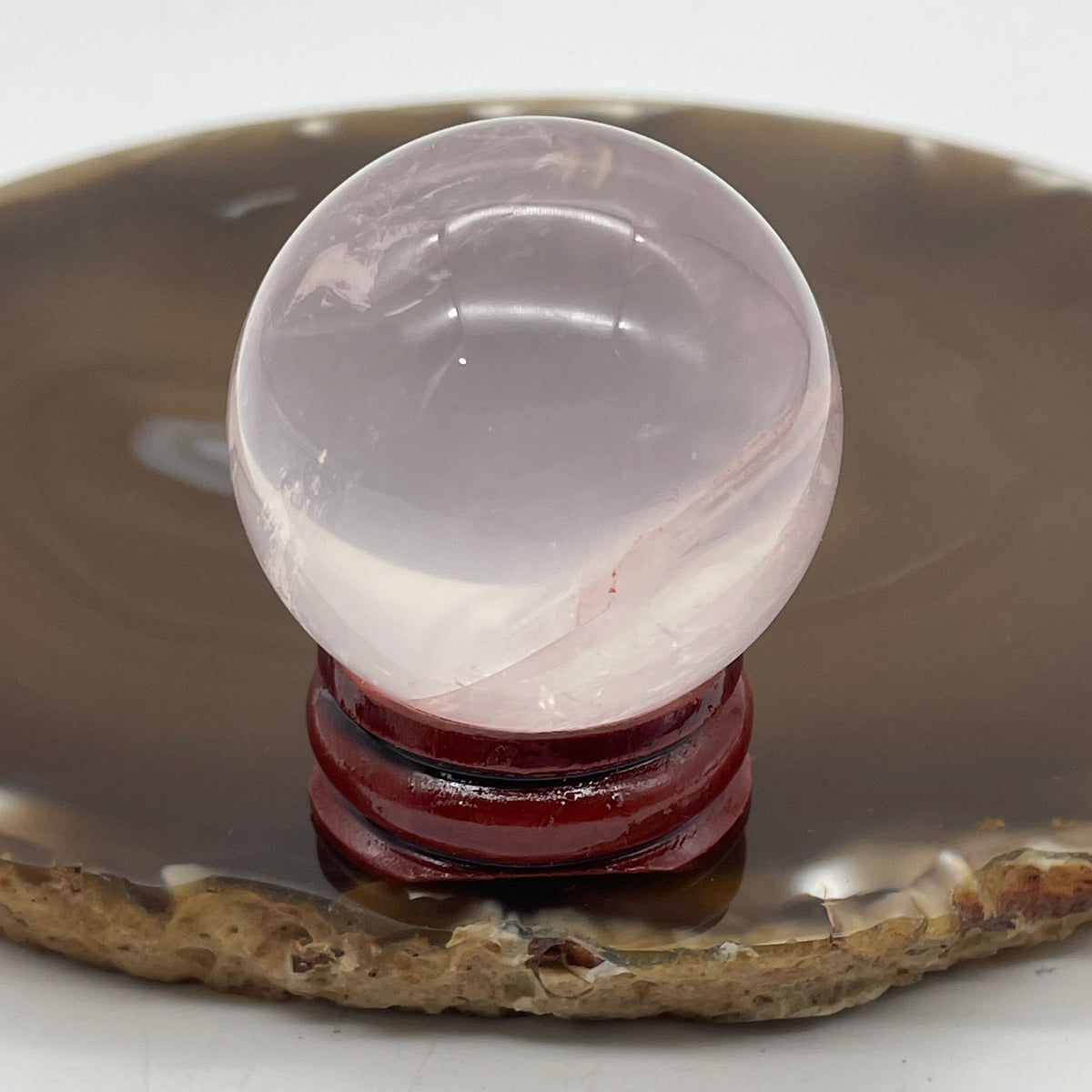 Good Grade Natural Rose Quartz Mini Ball with Wooden Stand Display | (86.29g | 39.0mm | 46.6mm | Catalyst, "Zhao Tao Hua" Love & Interpersonal Charm Magnet, 360° Energy Harmonizer & Feng Shui Prosperity Sphere)