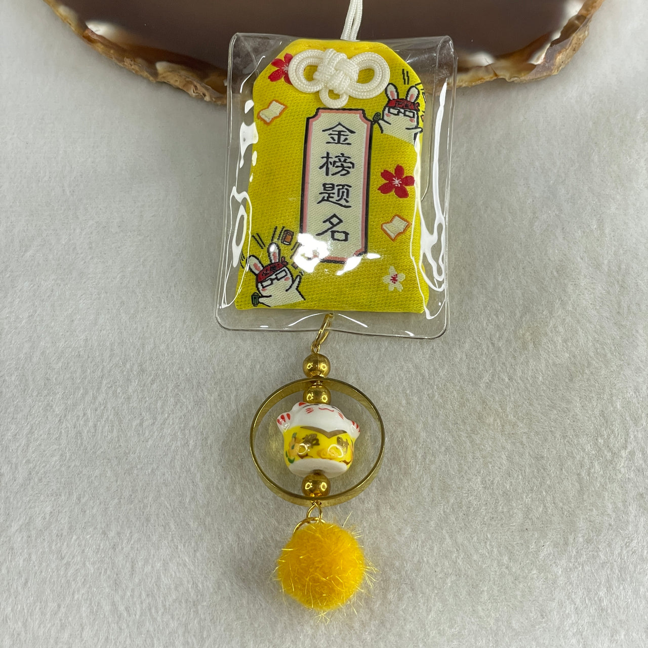 Porcelain Yellow Fortune Cat Yushou Charm 14.09g 14.8 by 17.5 by 14.4mm - Huangs Jadeite and Jewelry Pte Ltd