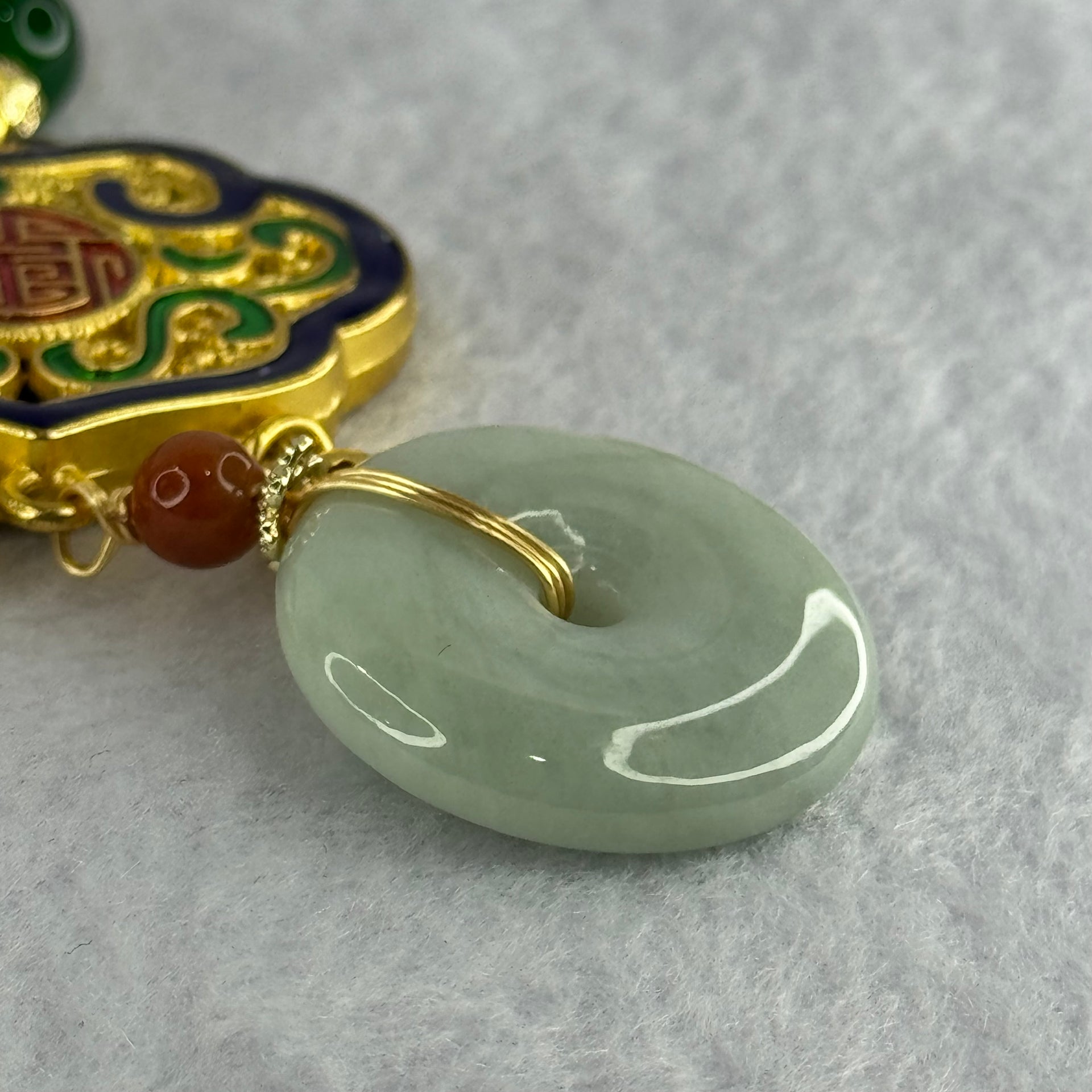 Type A Light Green Jadeite Ping An Kou Donut 25.7 by 5.7mm with Crystals Necklace 37.89g - Huangs Jadeite and Jewelry Pte Ltd