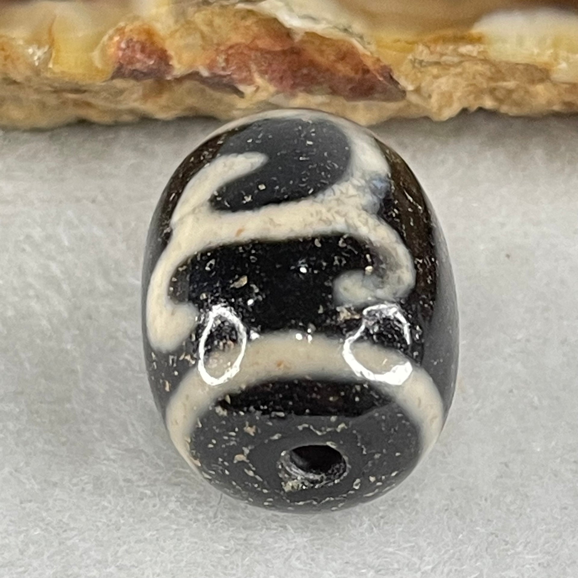Natural Powerful Tibetan Old Oily Black White Agate Green Tara Dzi Bead Heavenly Master (Tian Zhu) 绿度母天珠 4.70g 17.3 by 13.2mm - Huangs Jadeite and Jewelry Pte Ltd