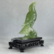 Natural Green Serpentine Javan Mynah Birds on Tree with Wooden Stand Display 353.6g 122.0 by 174.0 by 63.5mm - Huangs Jadeite and Jewelry Pte Ltd