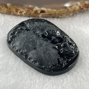Type A Opaque to Partial Translucent Black Omphacite Jadeite Fish with Lotus Flower and Leaf Pendant 24.60g 51.1 by 35.9 by 8.8mm - Huangs Jadeite and Jewelry Pte Ltd