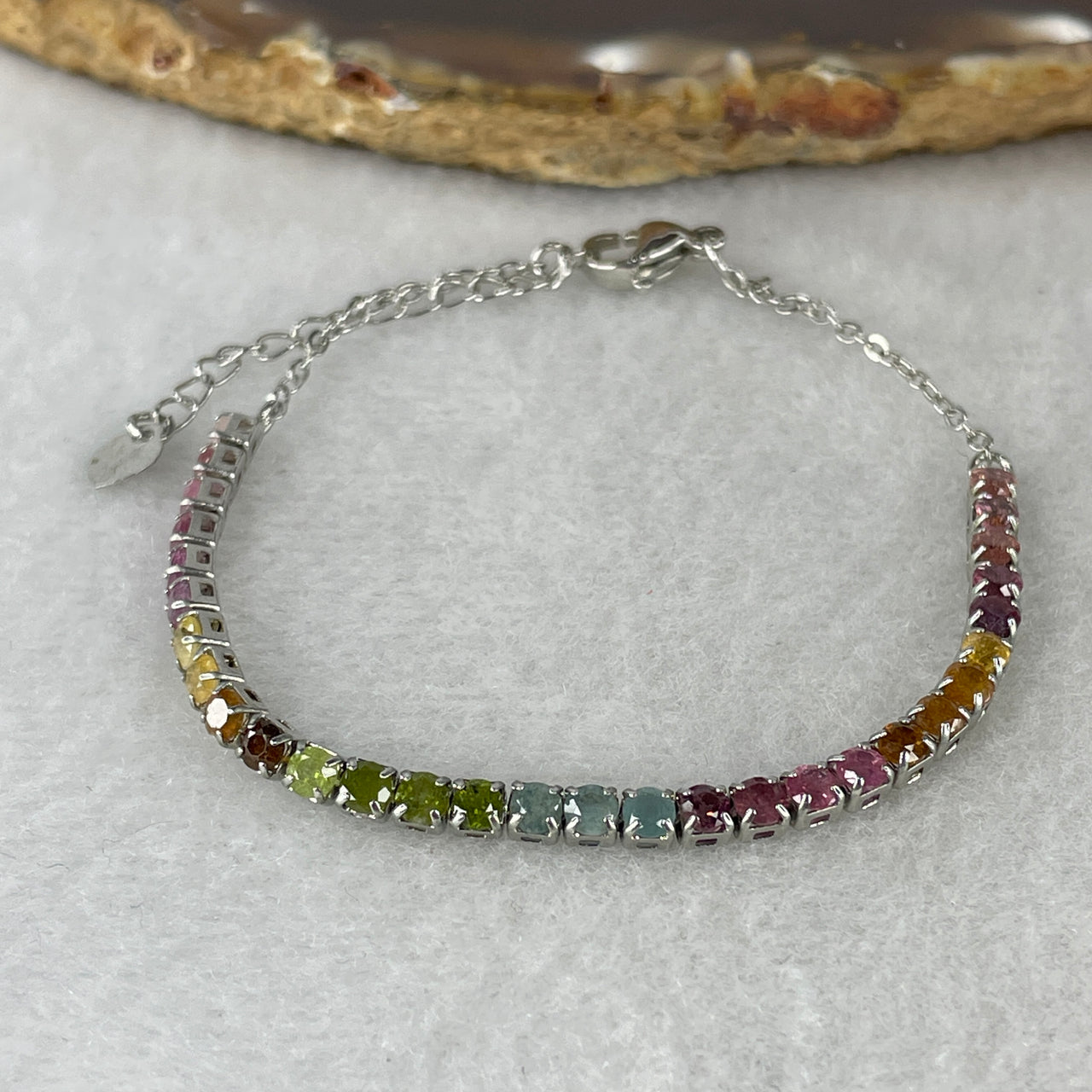 Natural Rainbow Tourmaline Multi-Stone Bracelet | S925 Sterling Silver Adjustable 13-17cm Pastel Kaleidoscope Fine Layering Chain (2.57g, 3.0mm 30 Pieces)
